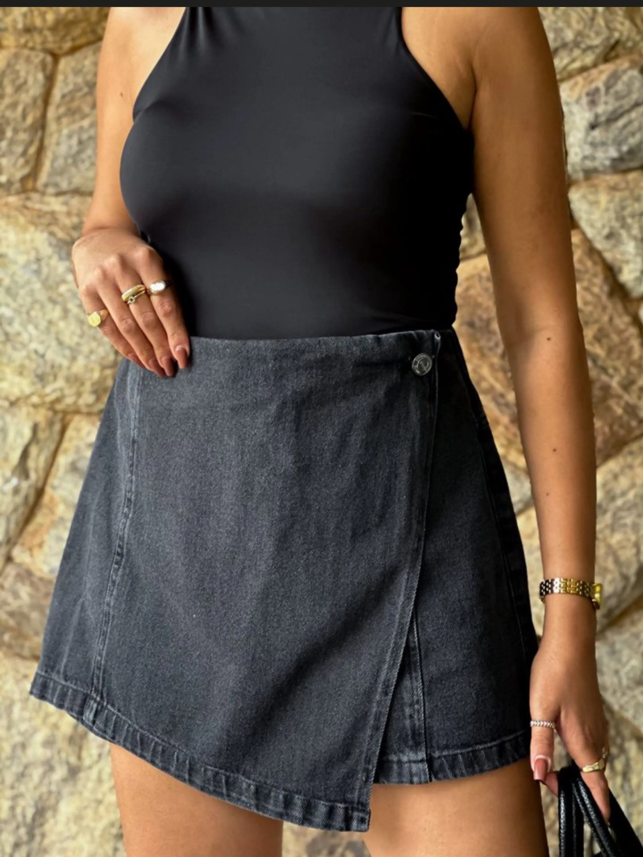 8343# short saia jeans feminina preto