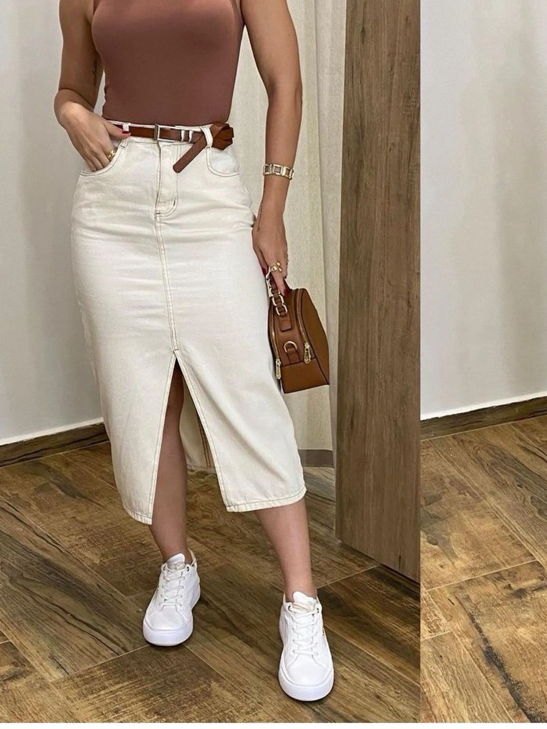 8259 saia jeans feminina com bolsa  saia MIDI off branco