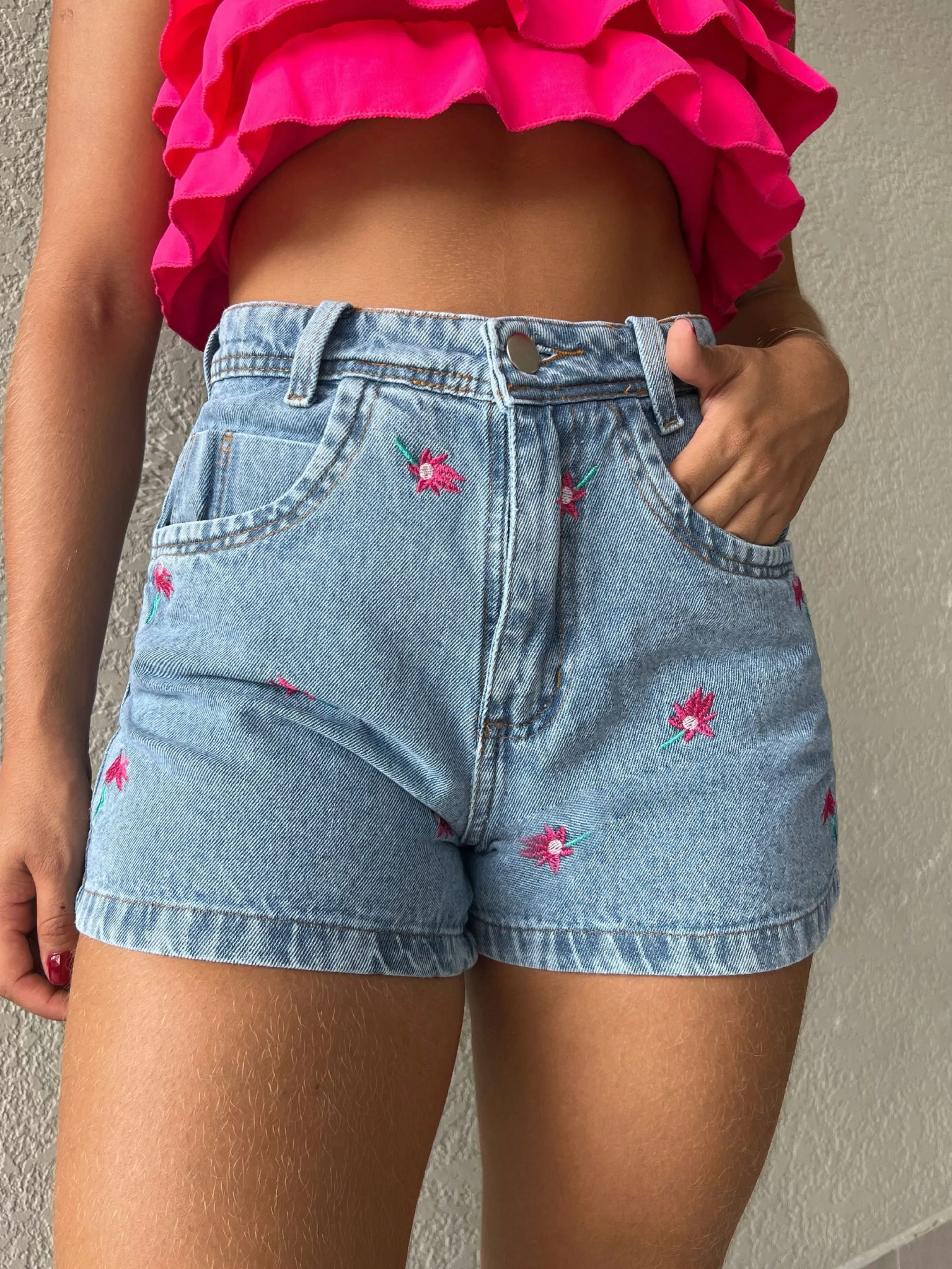 8227# short jeans feminina bordado