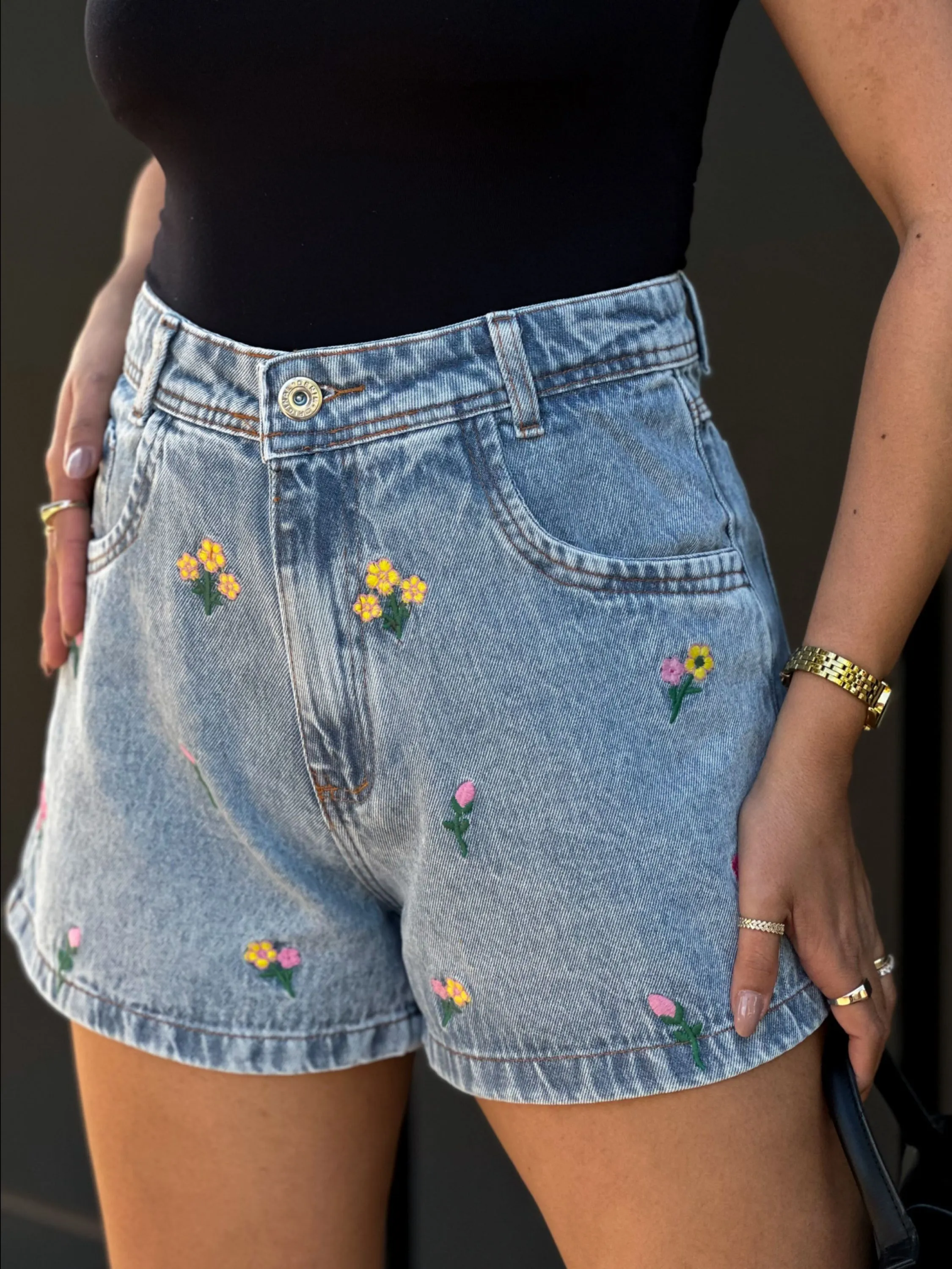 8260#short jeans feminina com bordado