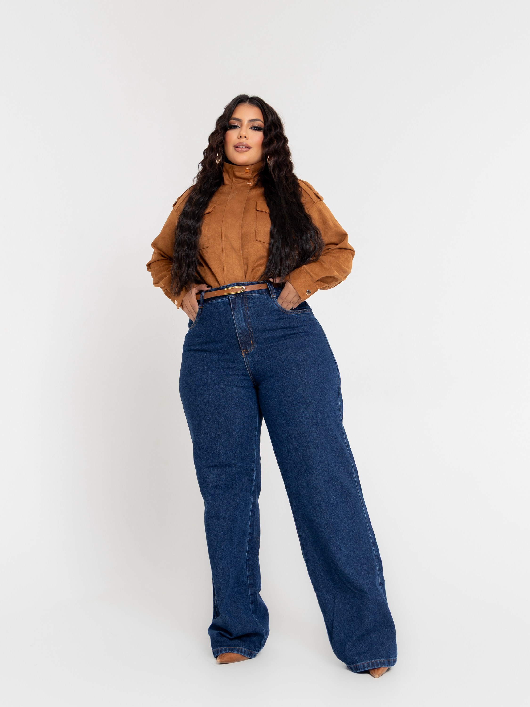 Calça Jeans Feminina Wide Leg Plus Size Cinto