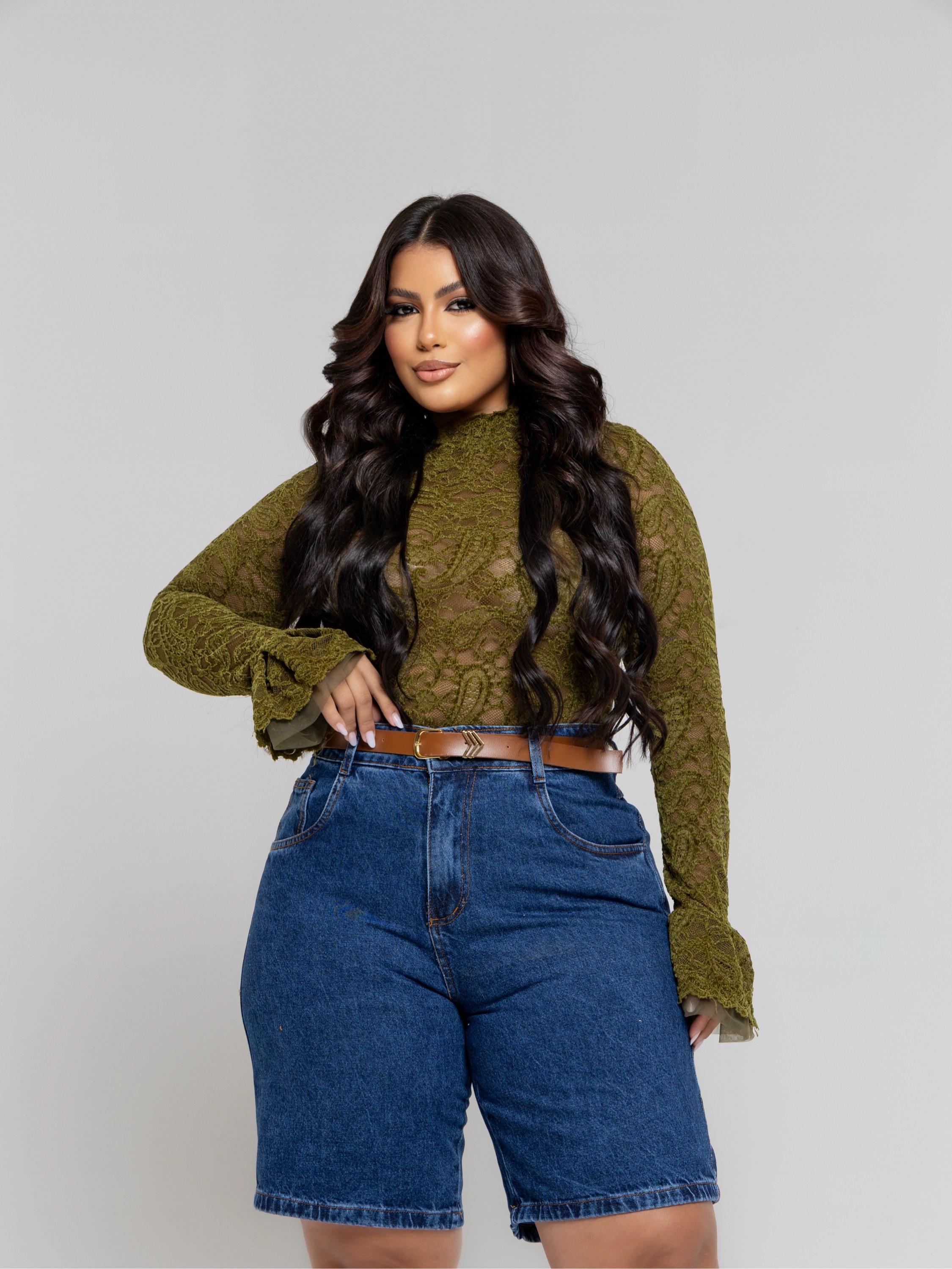Bermuda Jeans Plus Size 100% Algodão Com Cinto Confortável