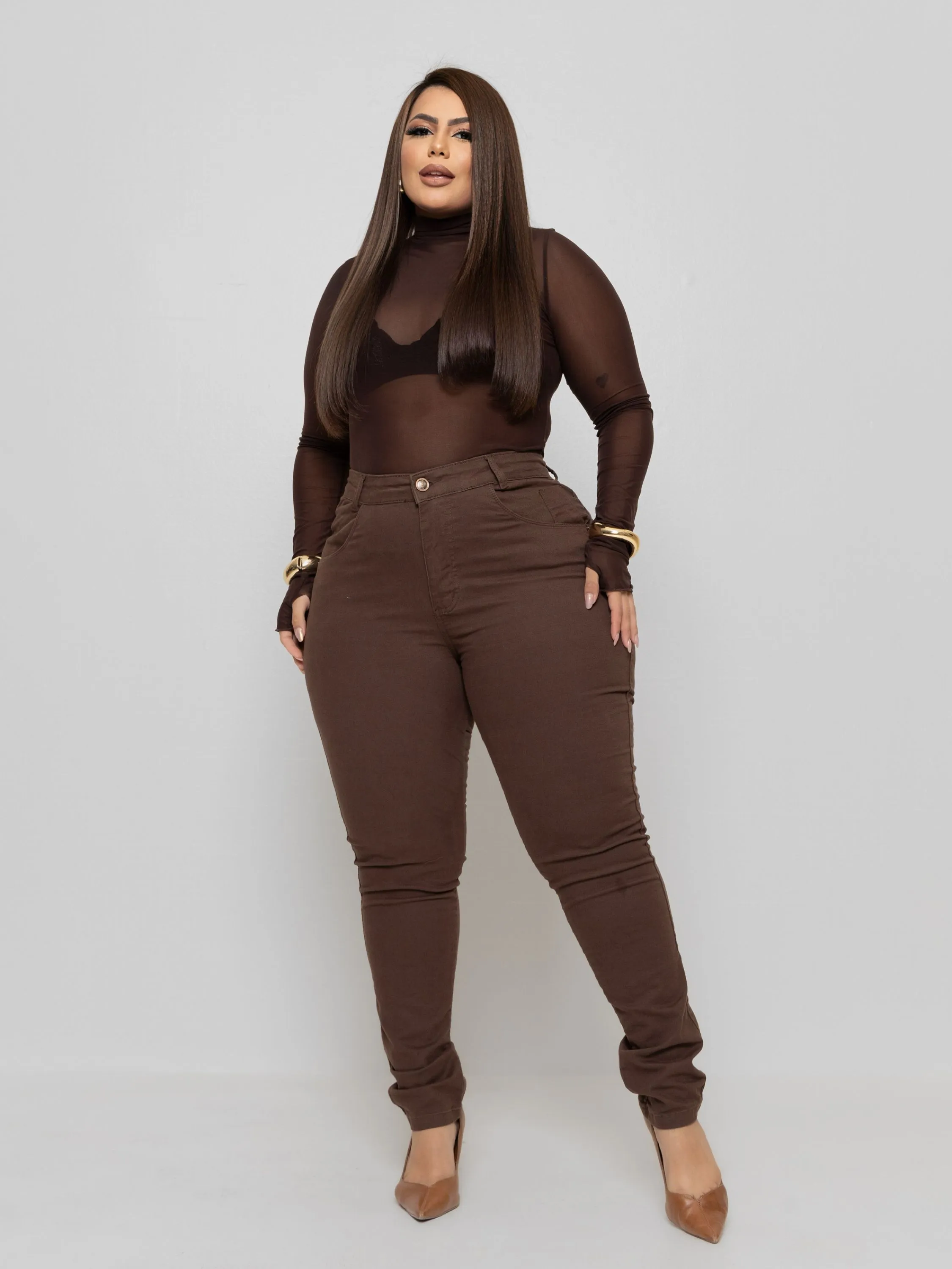 CALÇA PLUS SIZE SKINNY MARROM