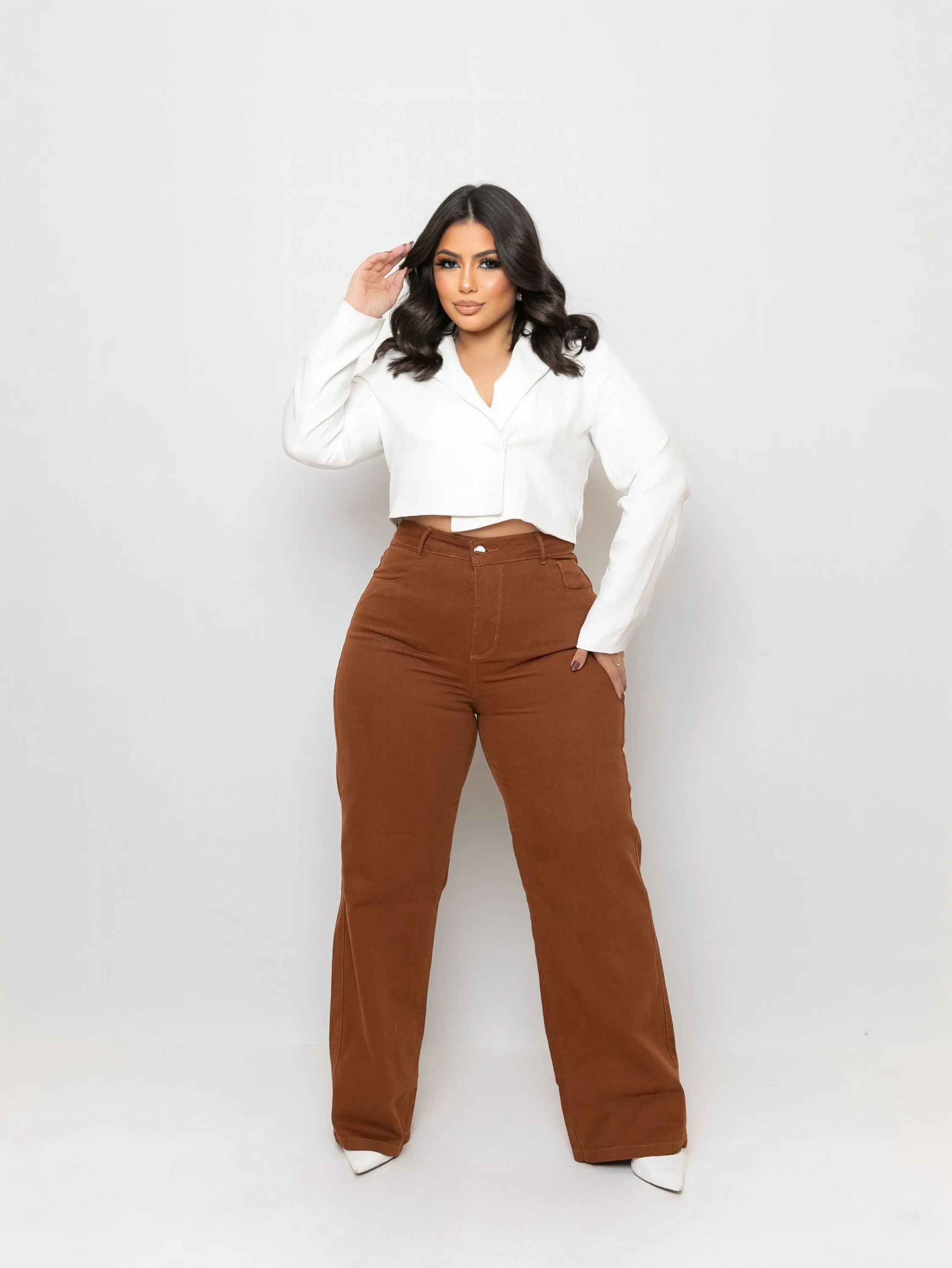 GAZARRO CALÇA PLUS SIZE WIDE LEG MARROM PREMIUM