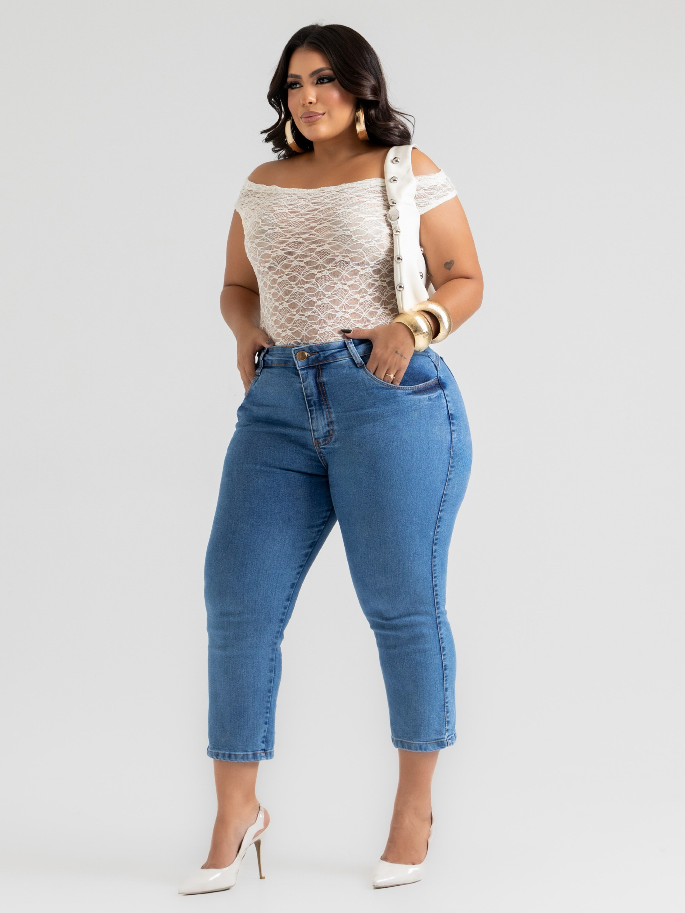 Calça Capri Jeans Plus Size Com Elastano confortável