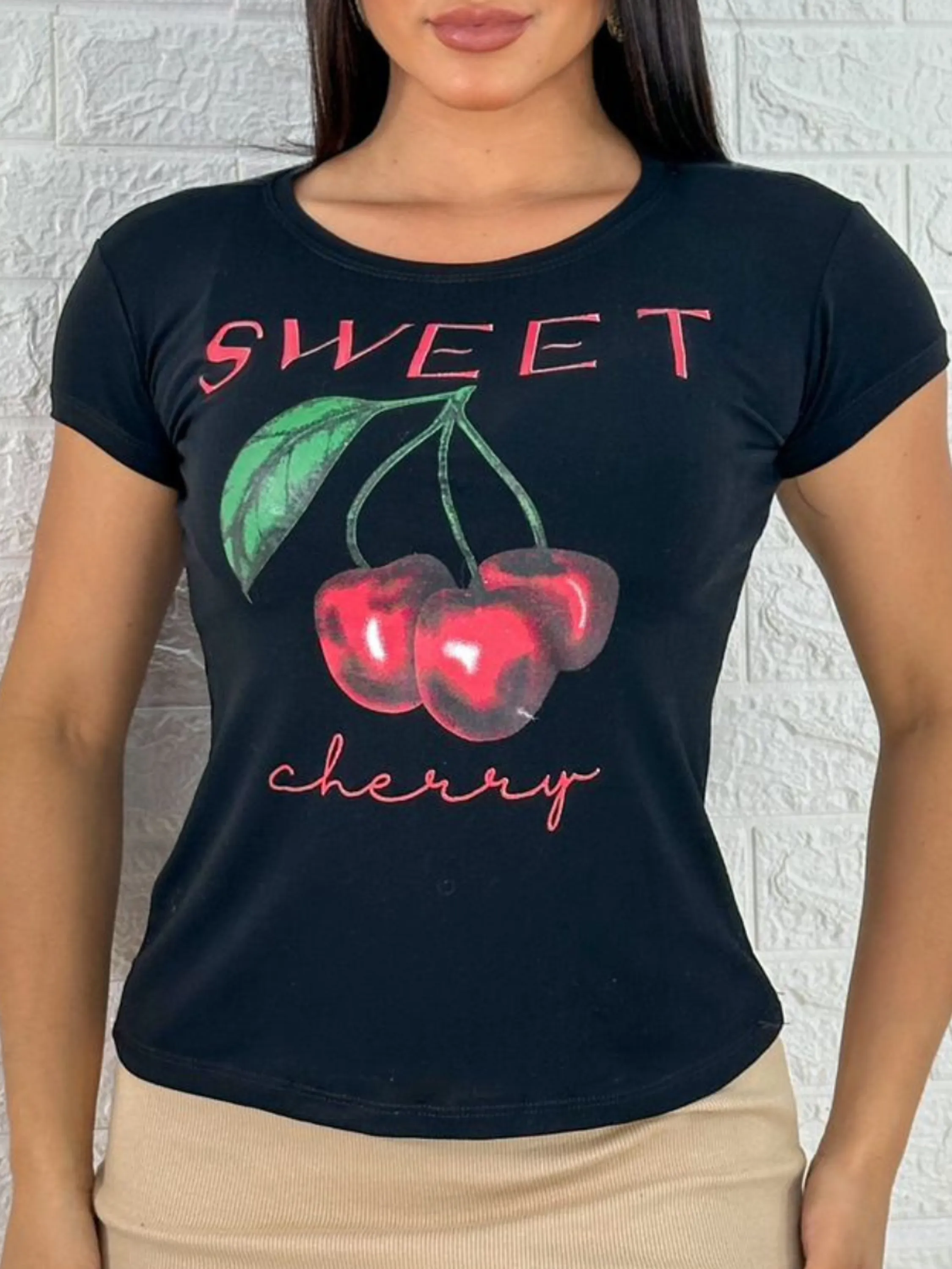 Camisa T-shirt Feminina Viscolycra Sweet Cherry Cereja