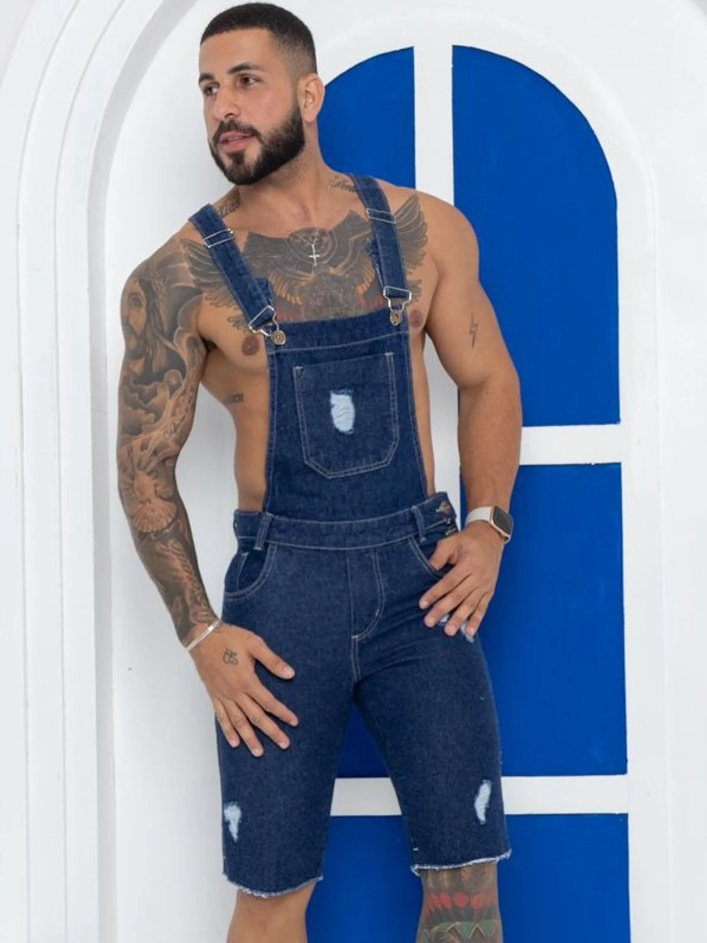 Jardineira jeans masculina