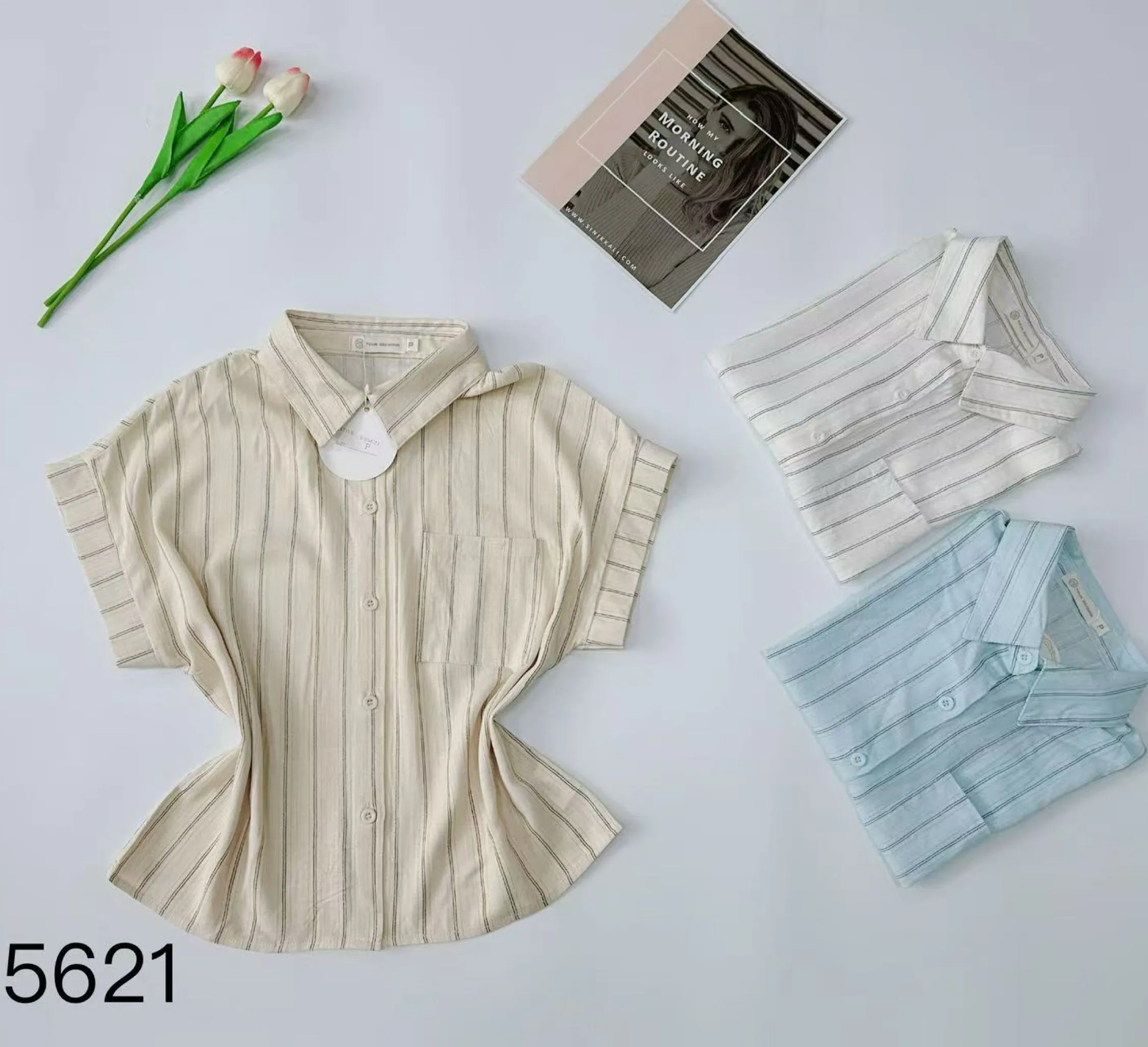 Camisa listrada de manga curta feminina    Enzo