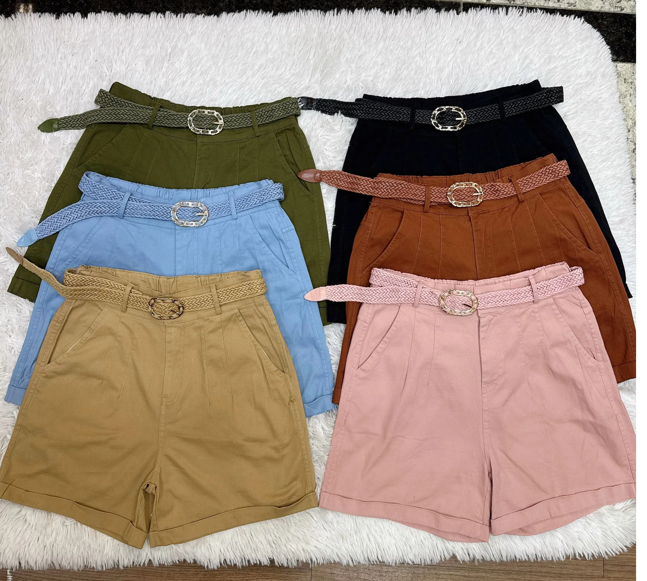 Short com cinto tecido saja feminina   Enzo