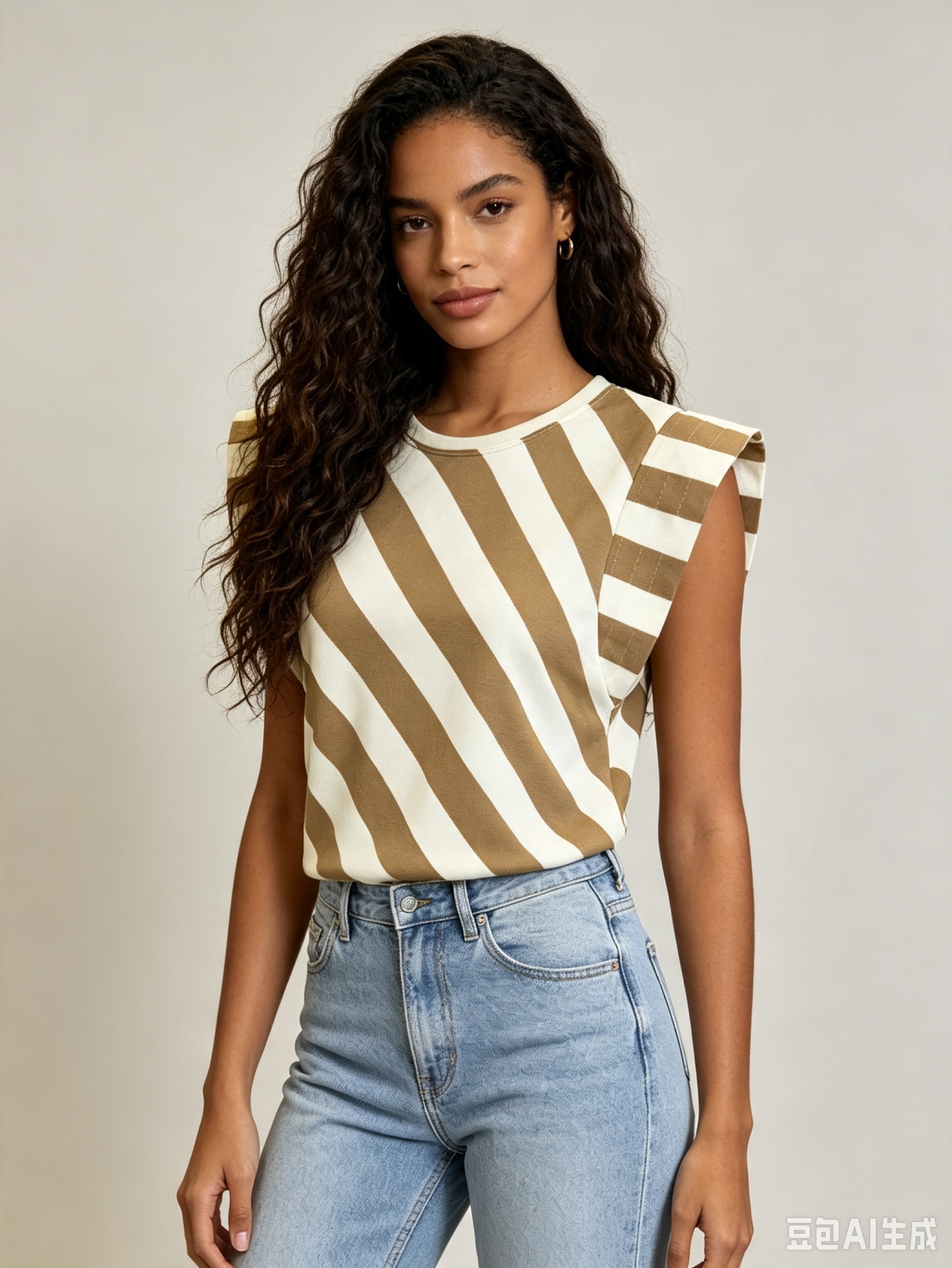 Blusa listrada diagonal com ombreira | Vários ângulos