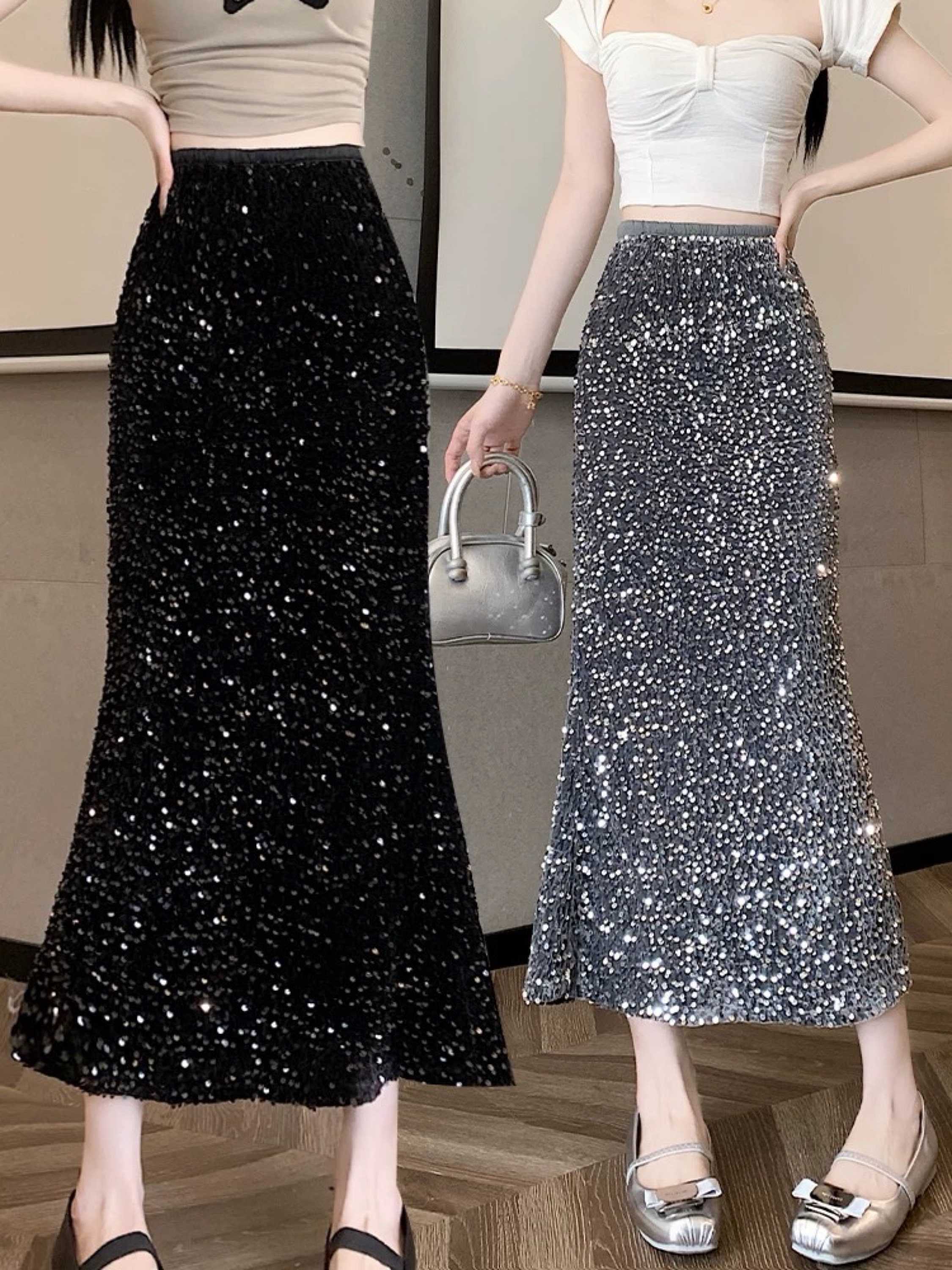 Saia longa de paetê, brilho e elegância