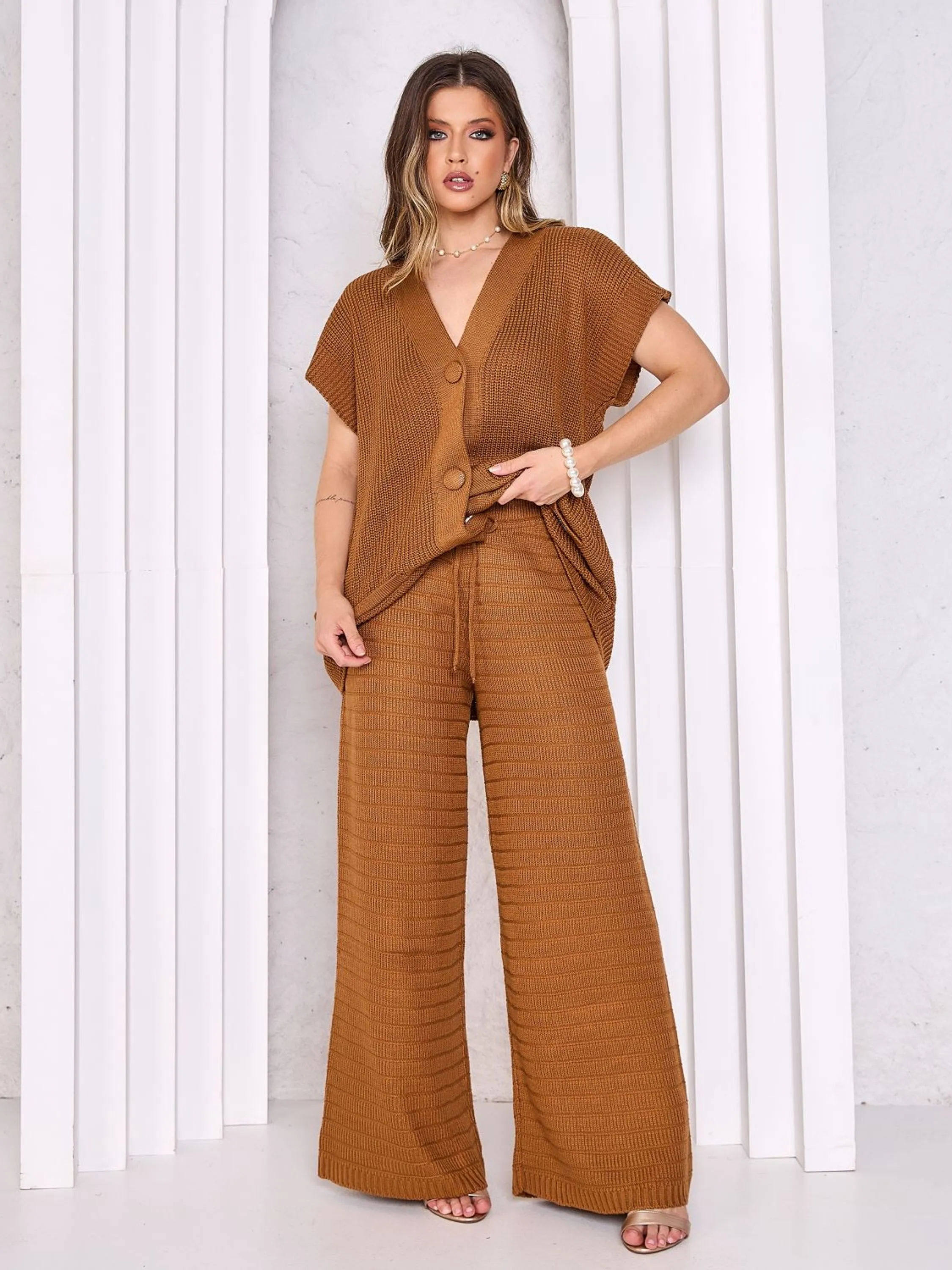 Conjunto Tricot Calça Pantalona Blusa Botão Regata Verão