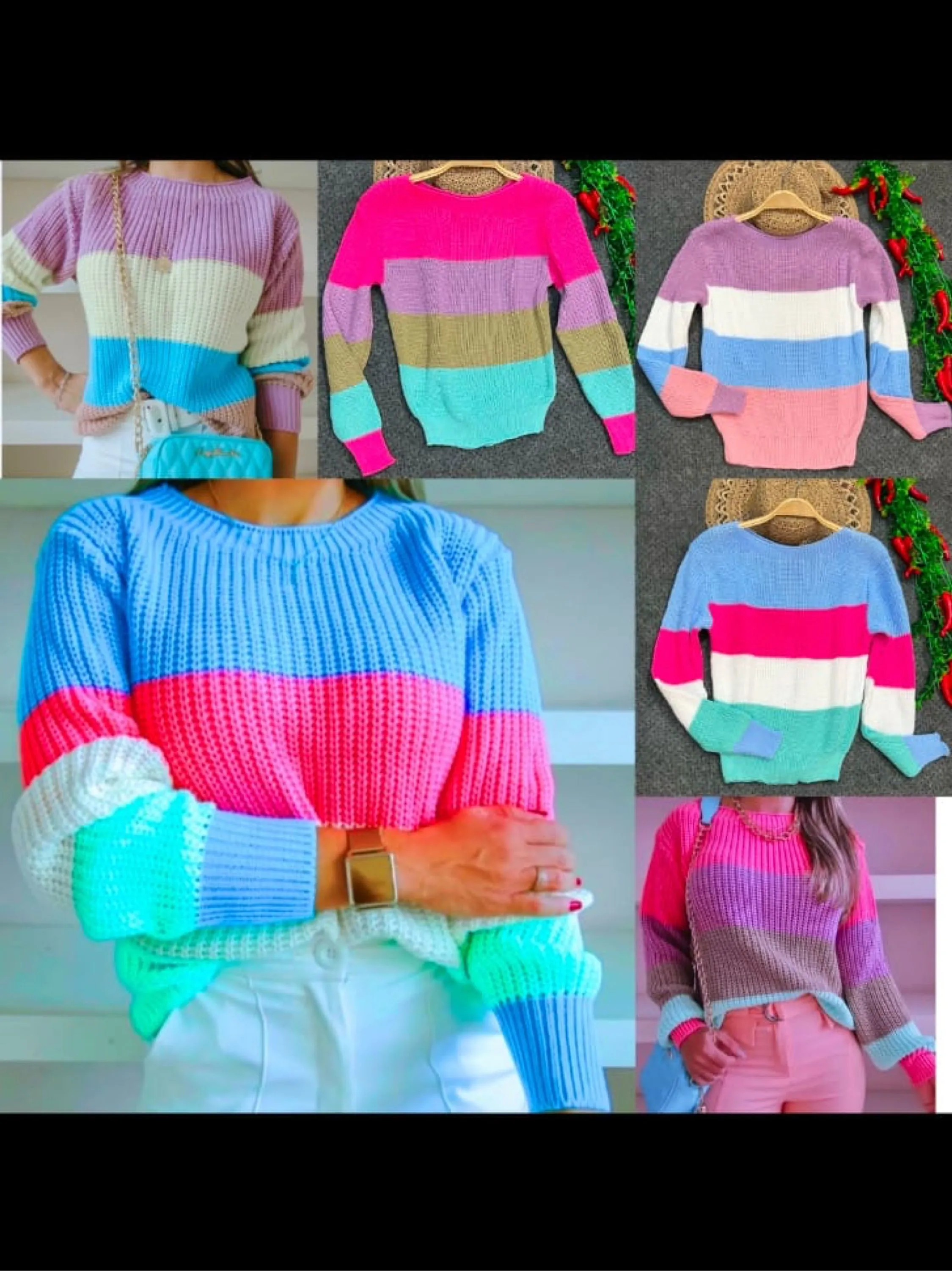 Blusa colorido manga longa inverno tricô Elisa linda moda