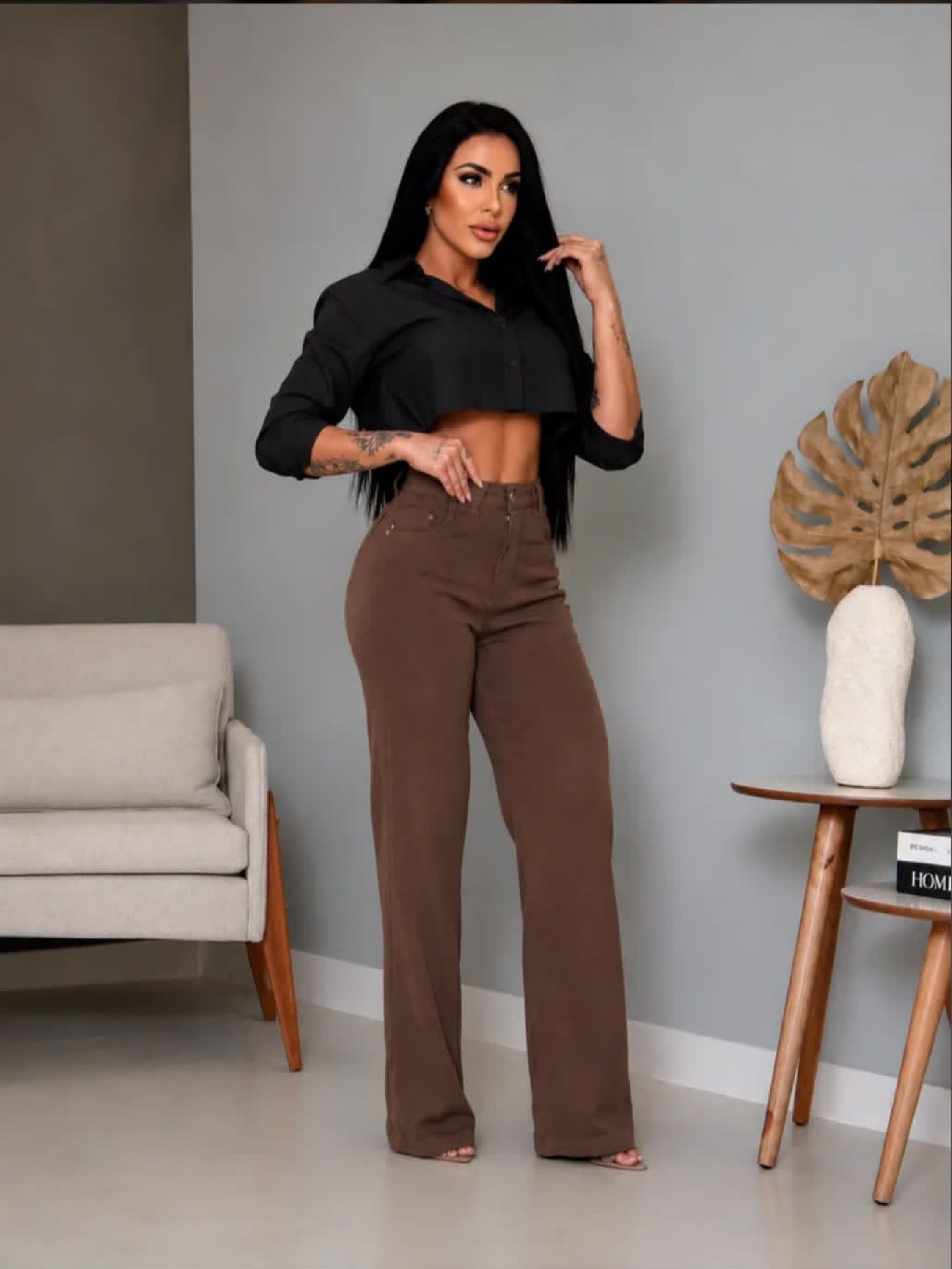 Calça Wide Legue sem Lycra - Marrom