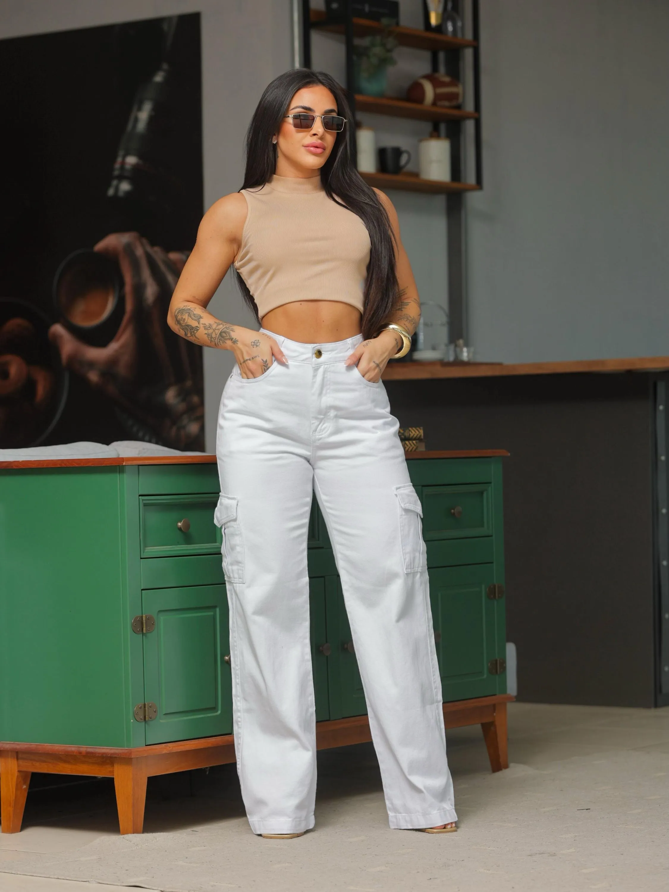 Calça Pantalona Bolso Cargo sem Lycra - Branca