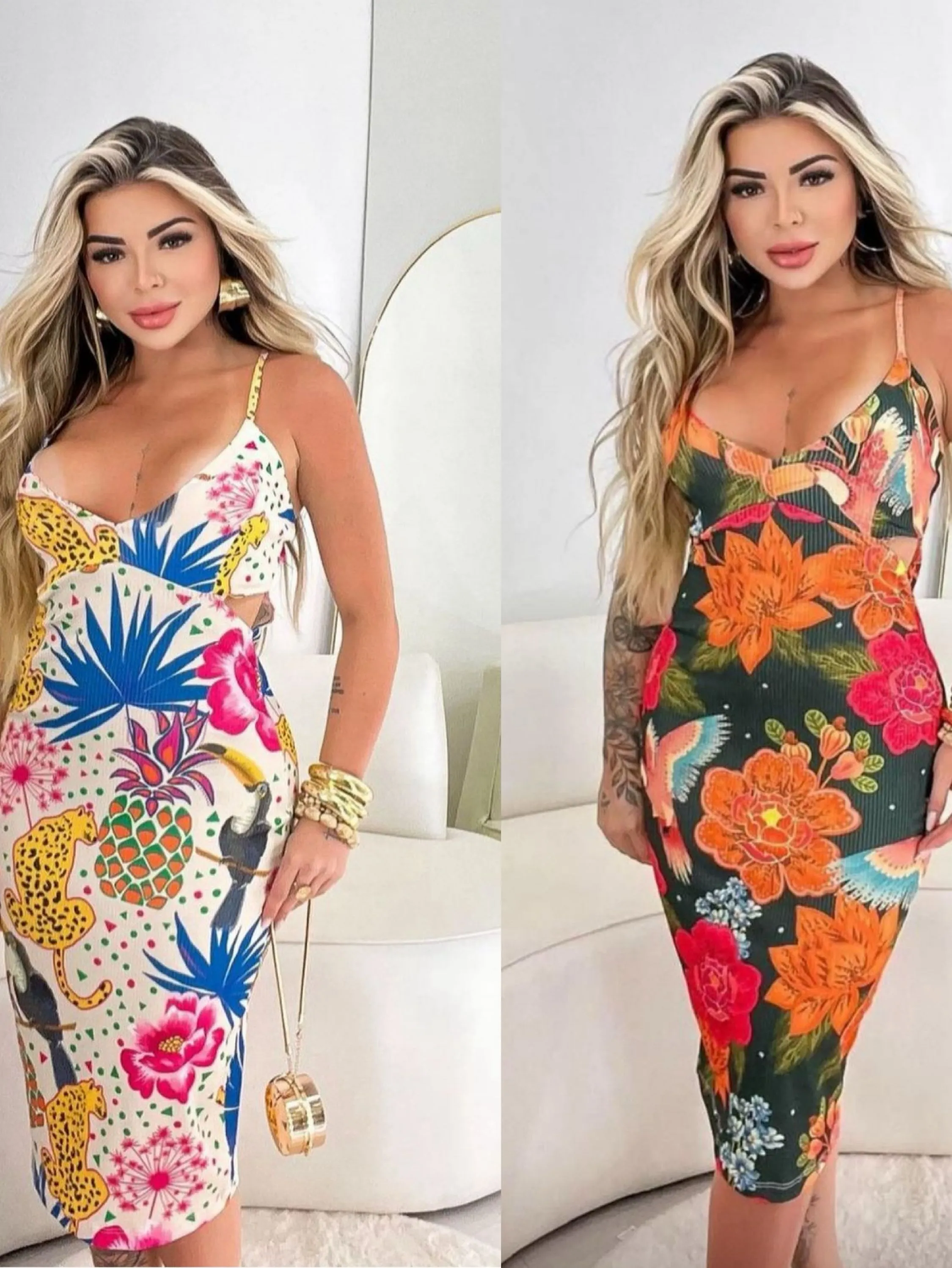 Vestido mid alça estampado com bojo