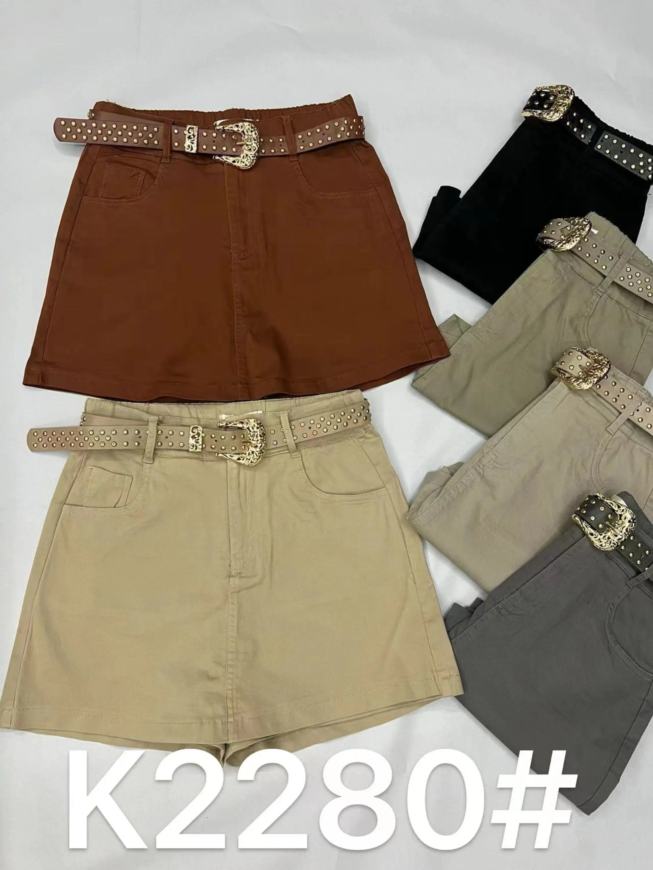 Short saia com cinto brim sarja elastano_K2280