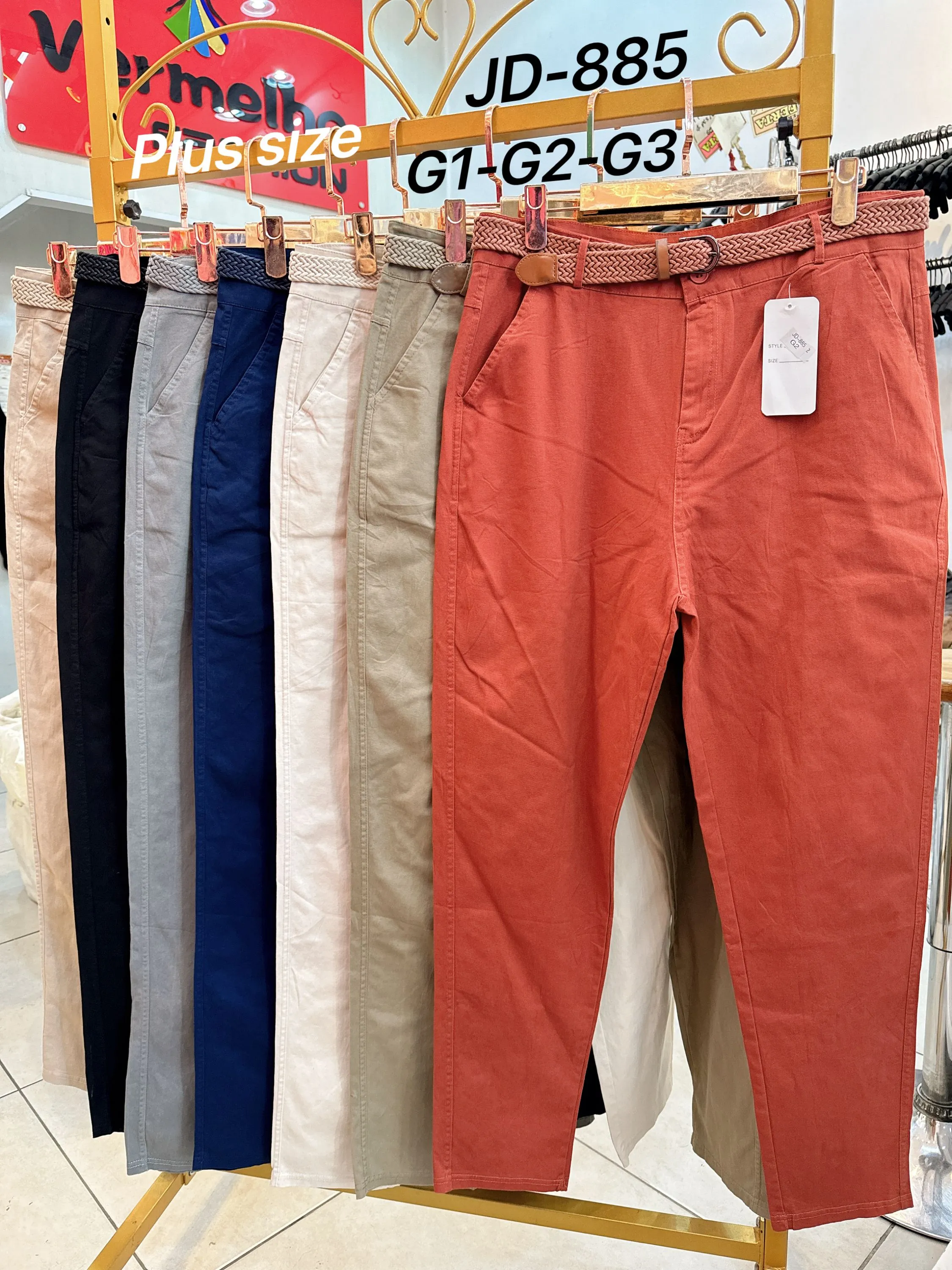 Calça sarja plus size com cinto_JD885 带腰带