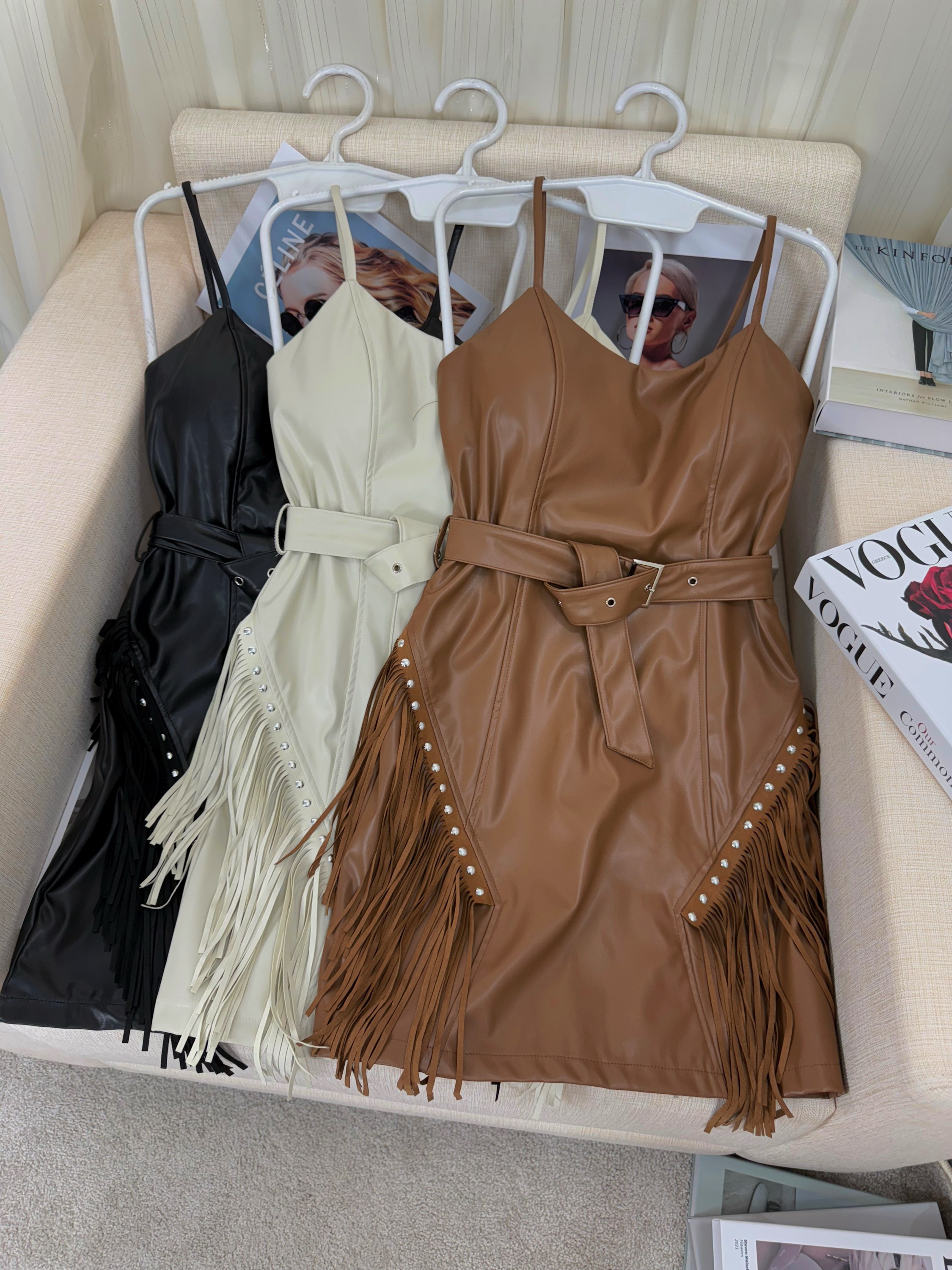 Fancy modas vestido couro franja