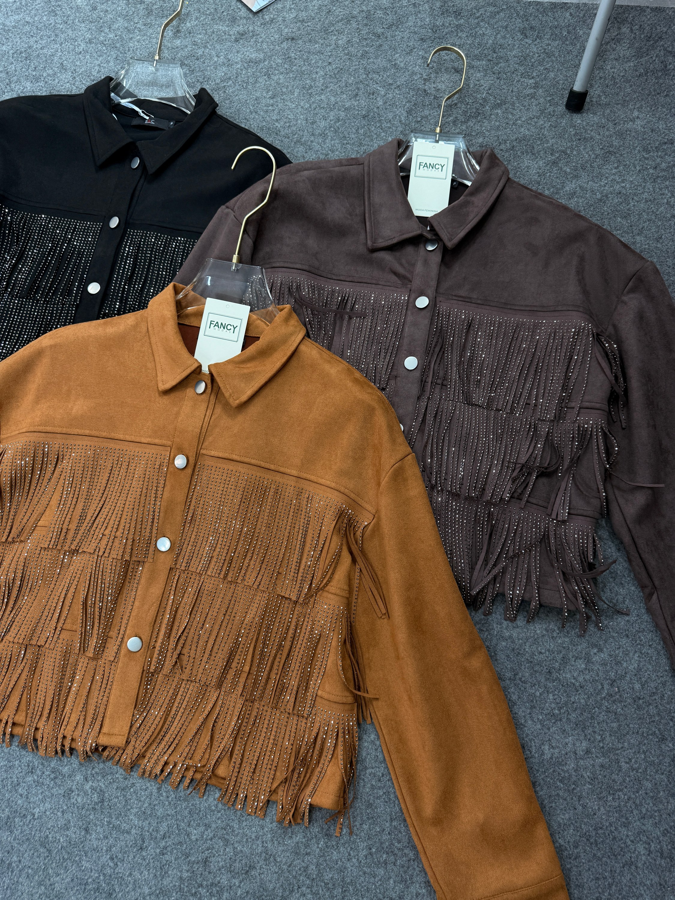 Fancy modas jaqueta suede franja