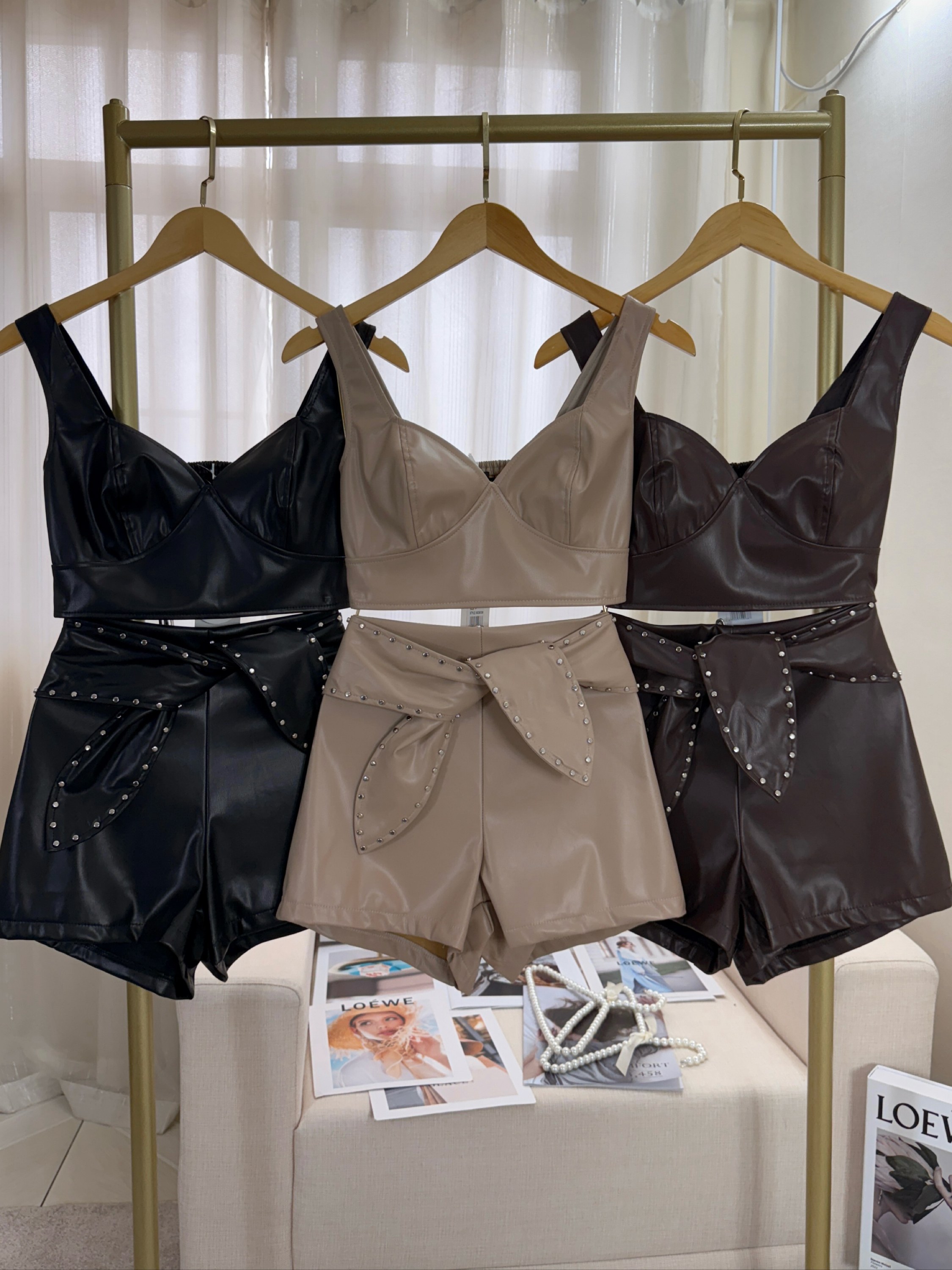 Fancy modas conjunto couro cinto