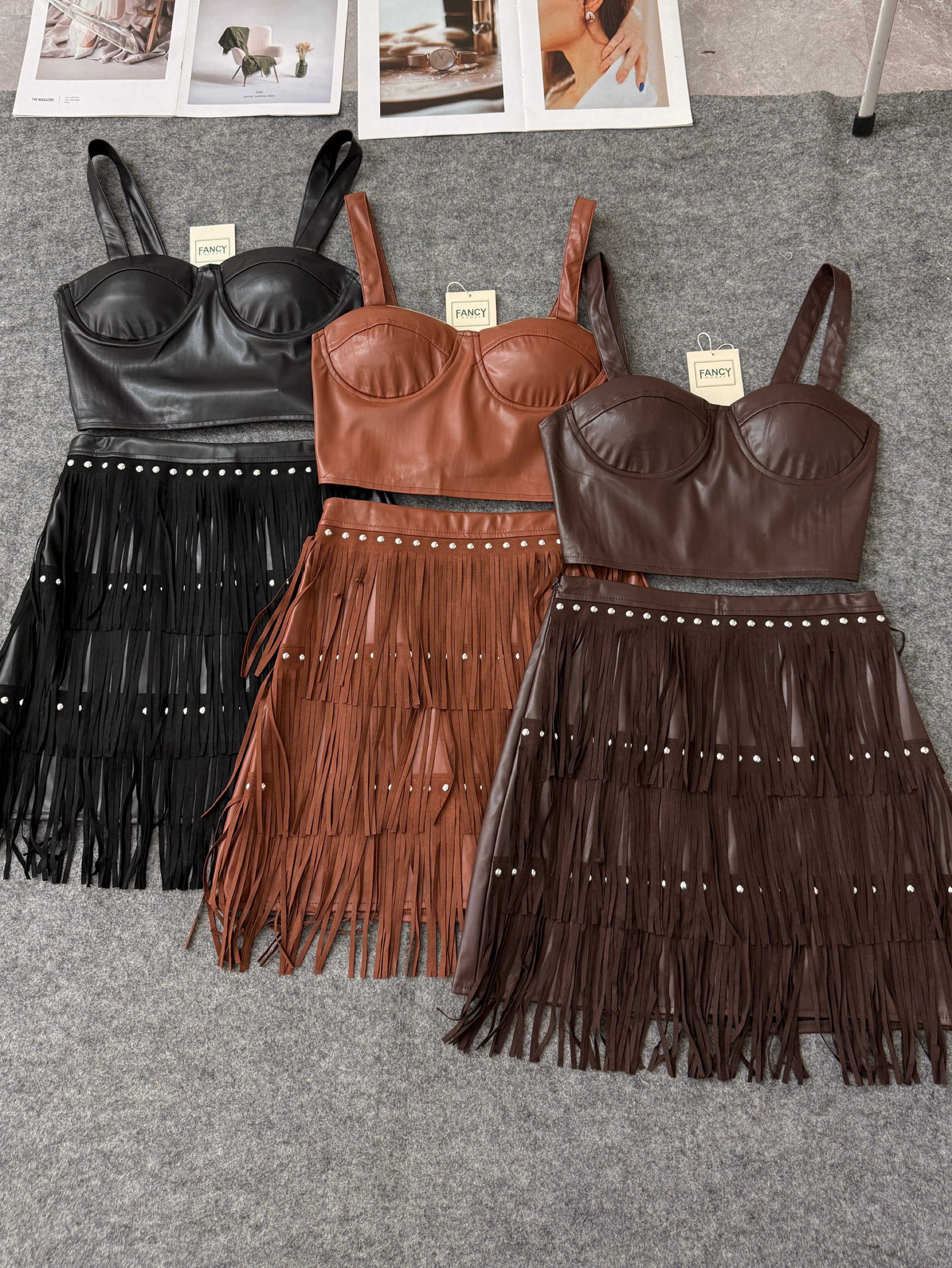 Fancy Midas conjunto couro saia franja