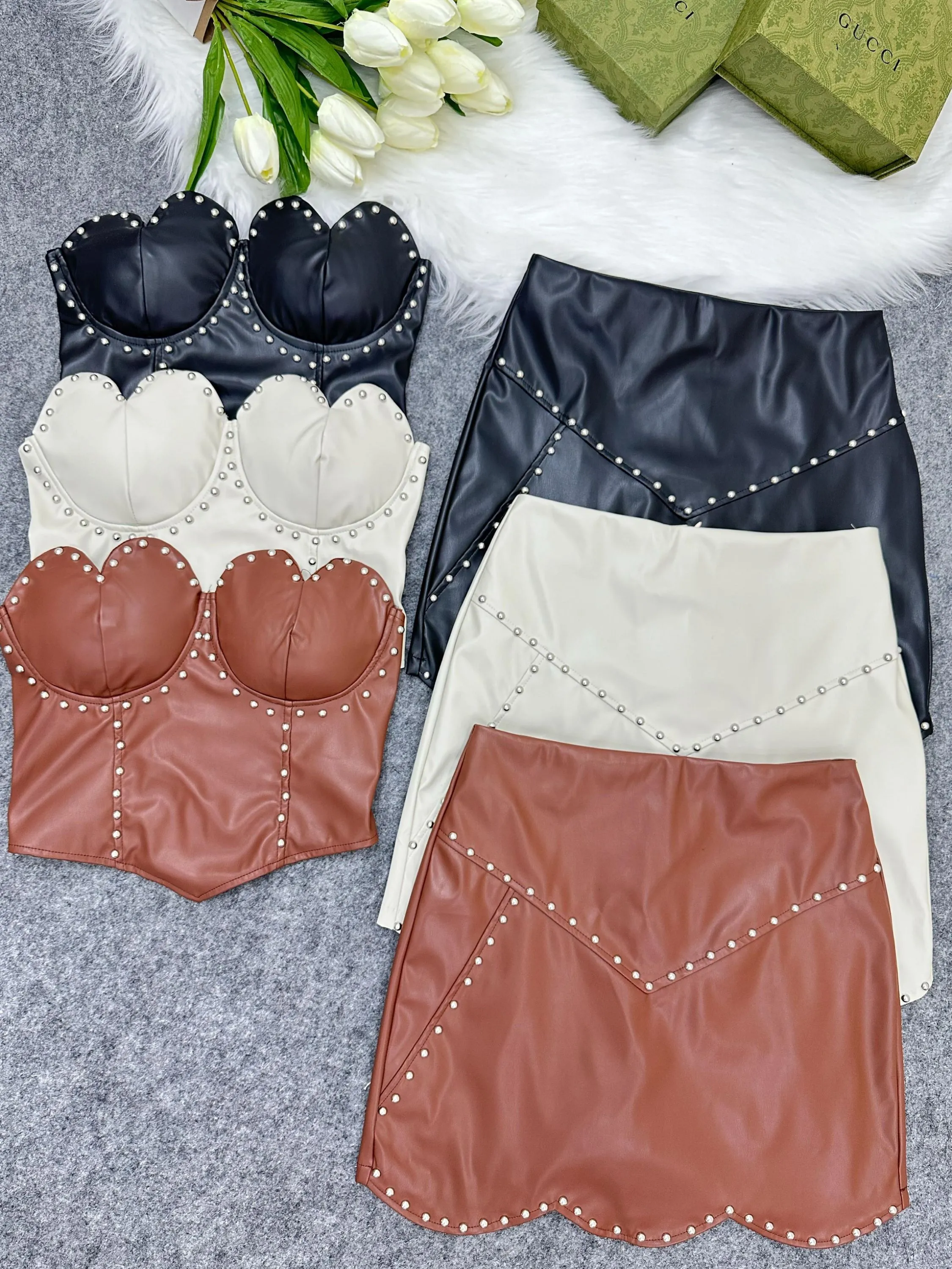 Fancy modas conjunto couro top com saia