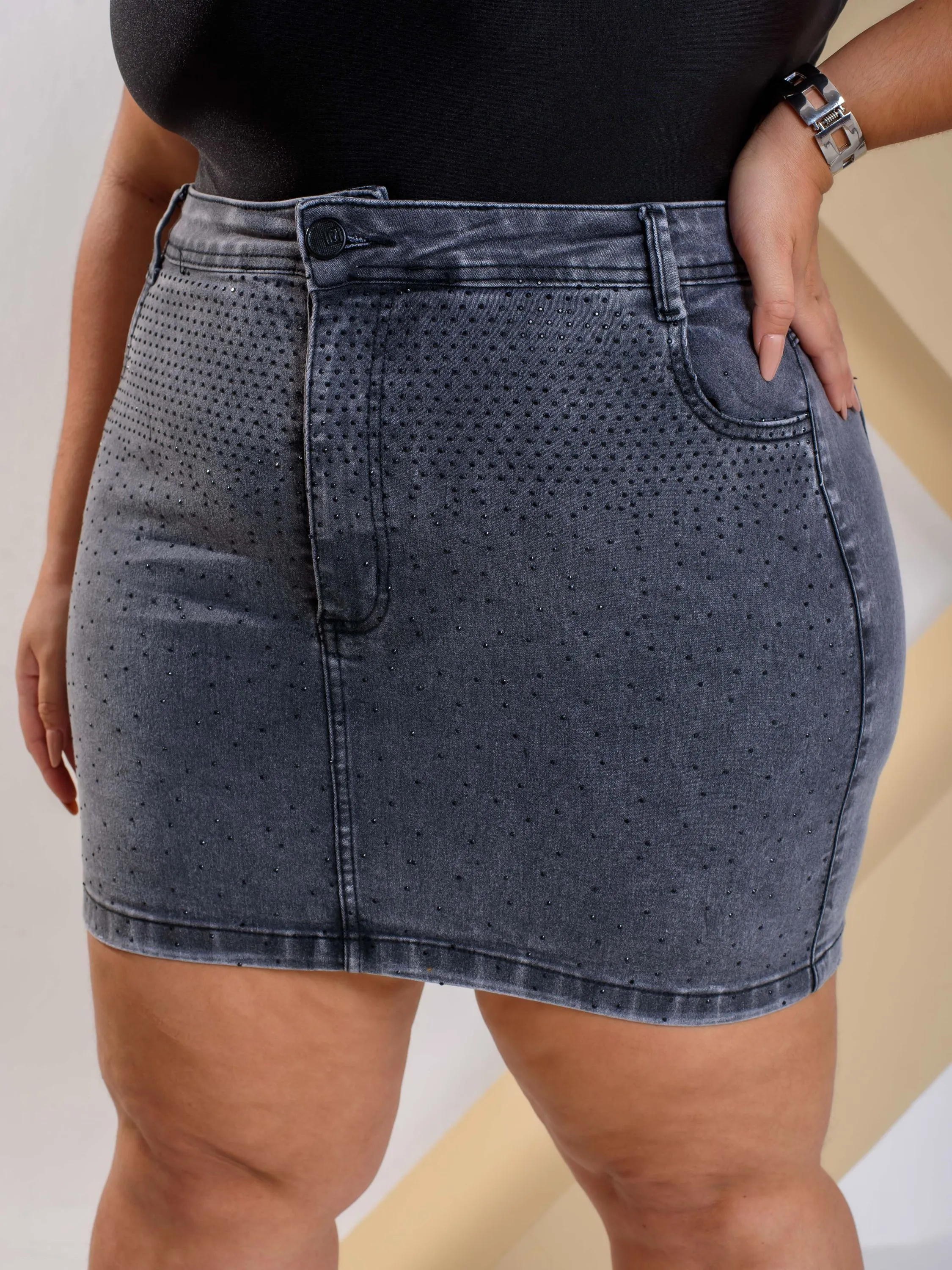 Ref:37449- Saia plus Size jeans com lycra e brilho