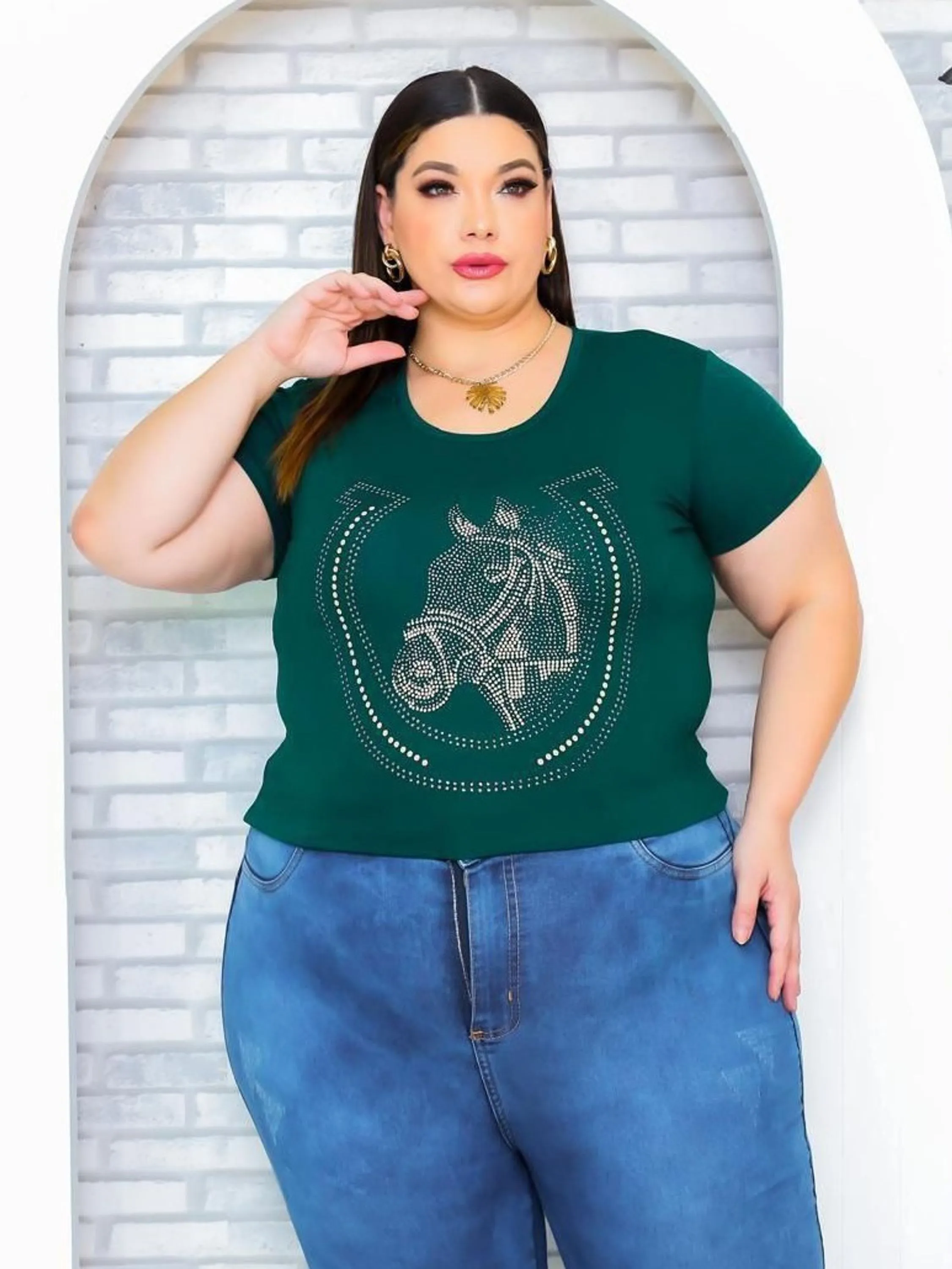 Blusa Feminina T-shirts plus size estampada cavalo com brilho,veste manequim 48 ao 52