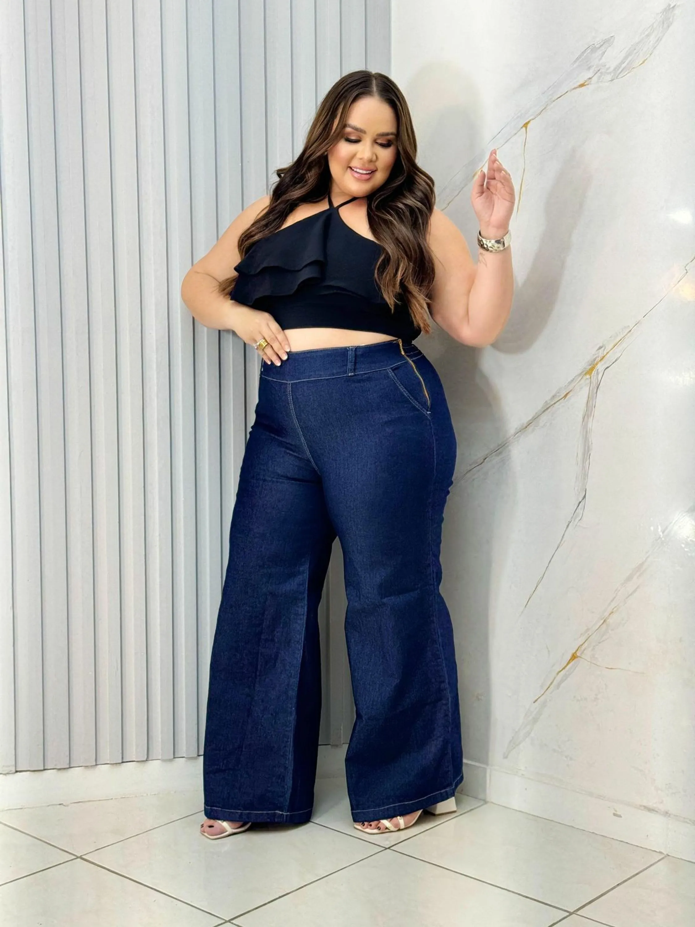 Calça Pantalona Plus size jeans feminino com lycra