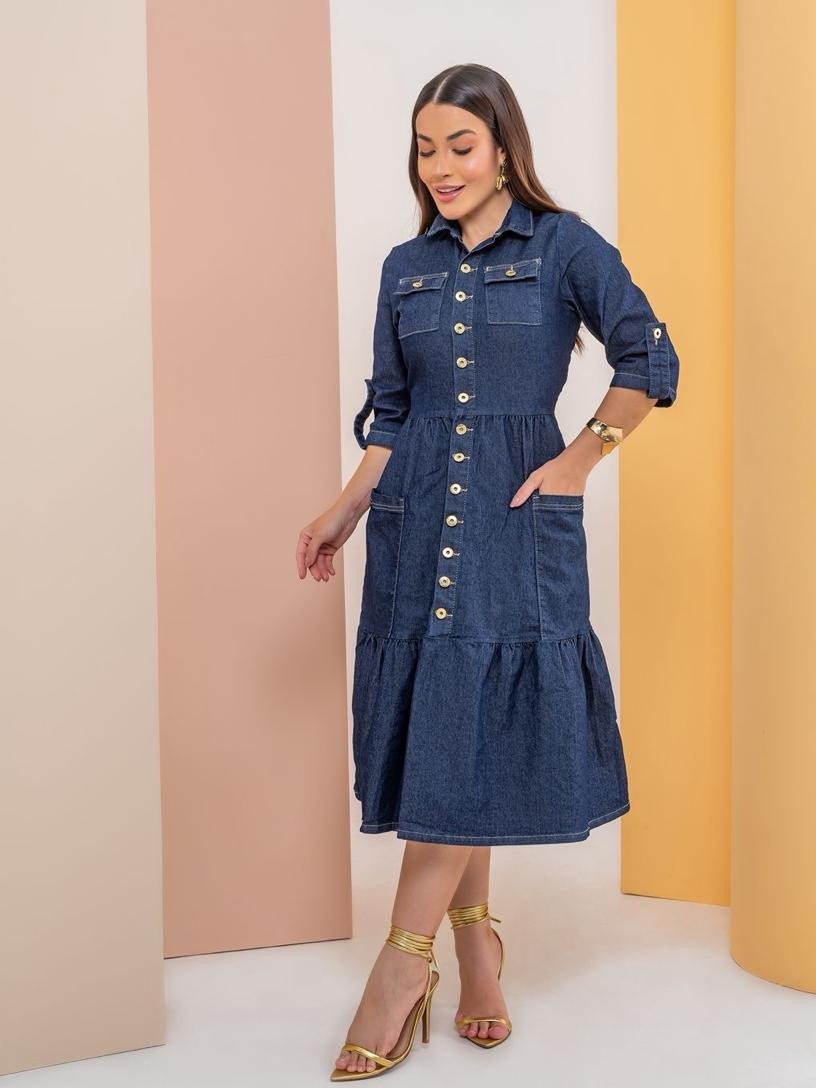 Vestido Midi jeans com lycra mangas 3/4