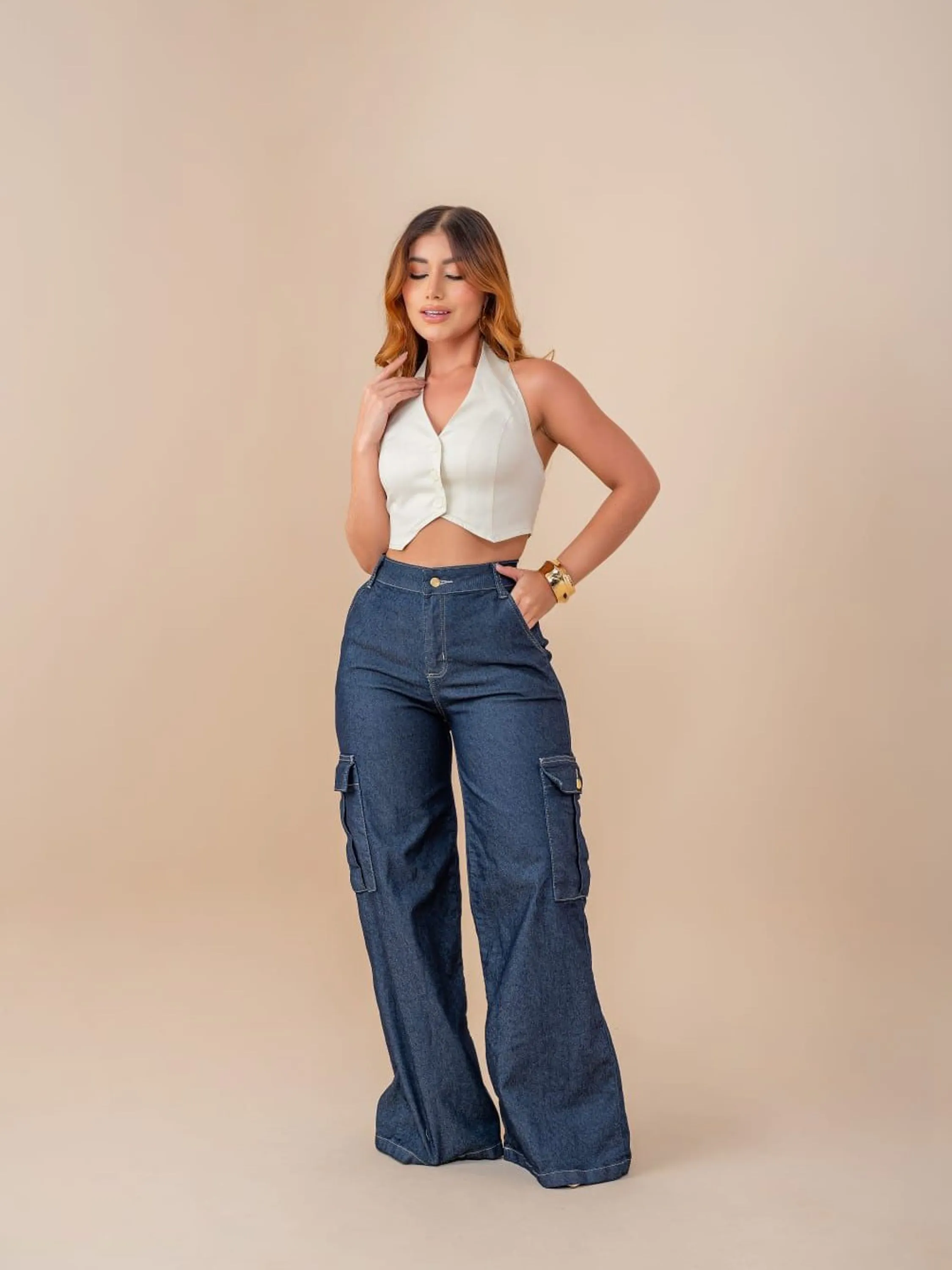 Calça Pantalona Cargo  jeans com lycra