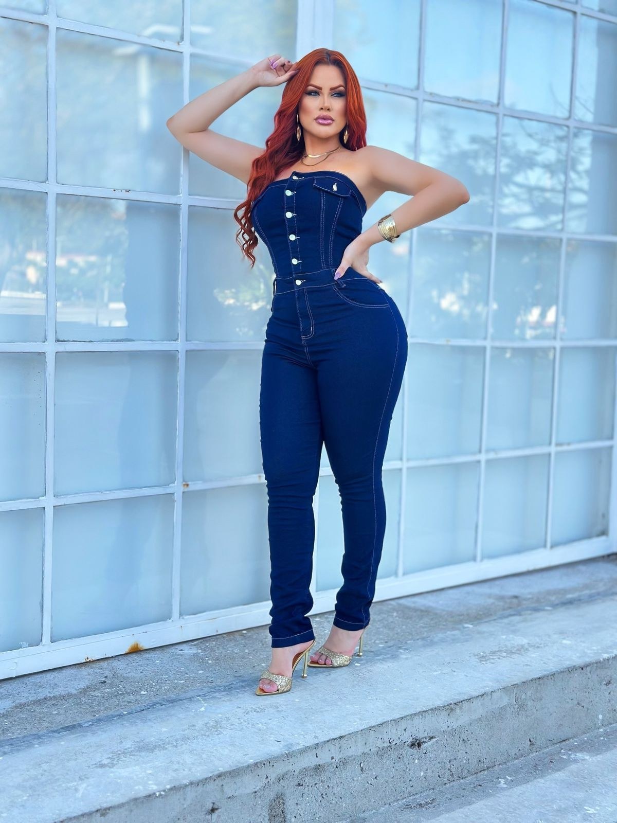 Macacão Jeans com lycra longo com botões