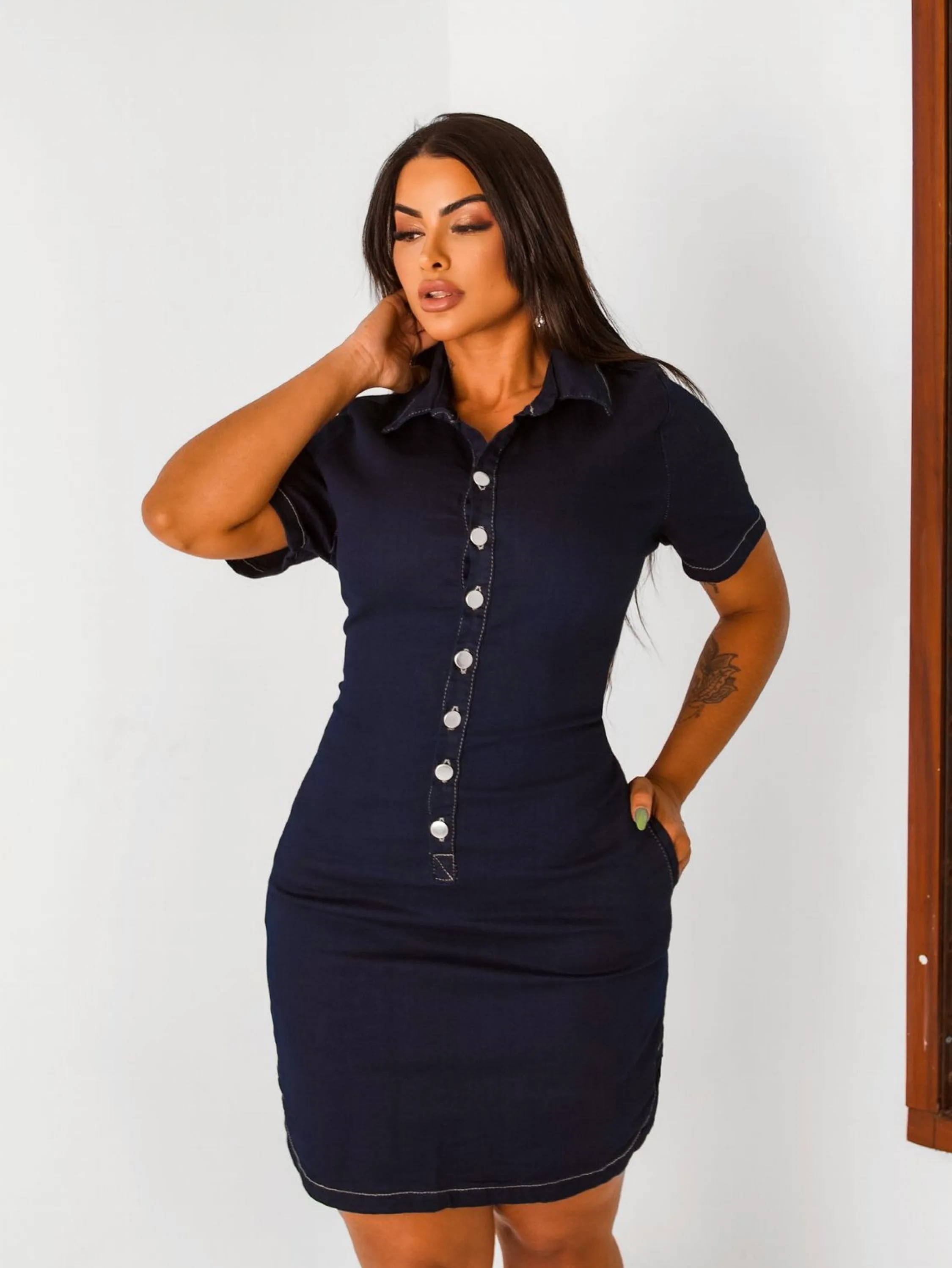 Vestido jeans de manga curta com lycra / Linha premium