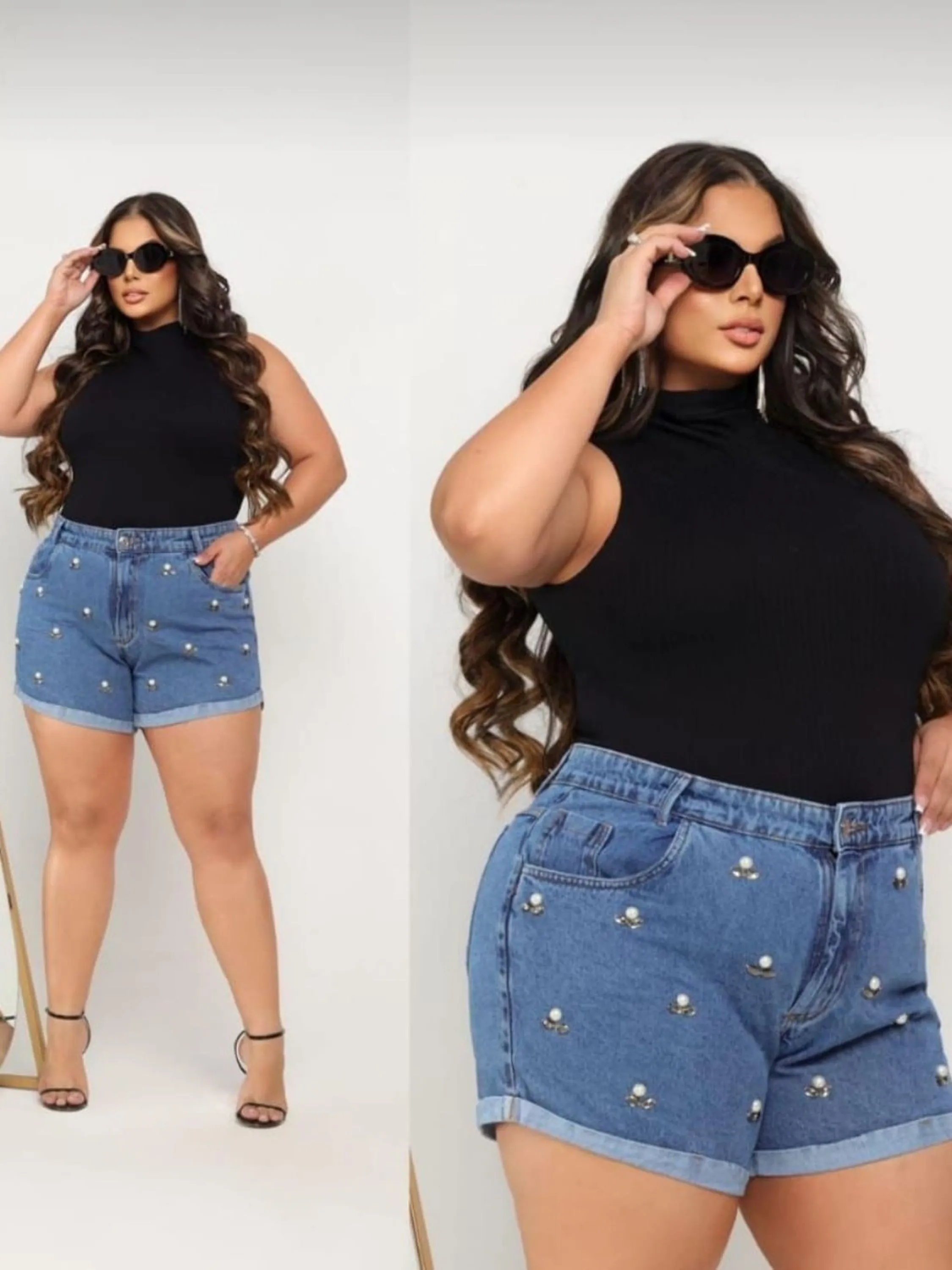 Shorts jeans plus size com pedra feminina