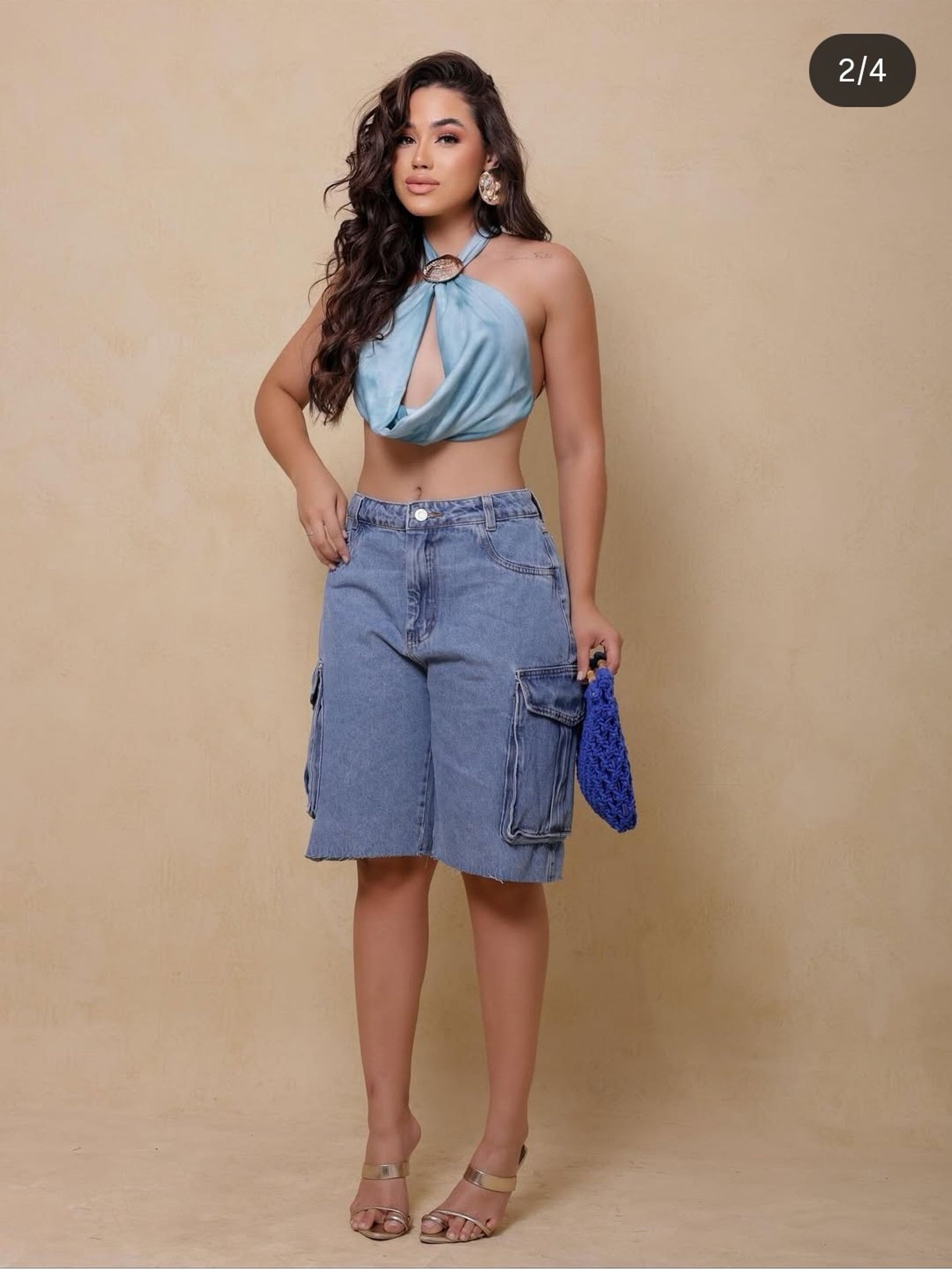 Bermuda jeans cargo feminina