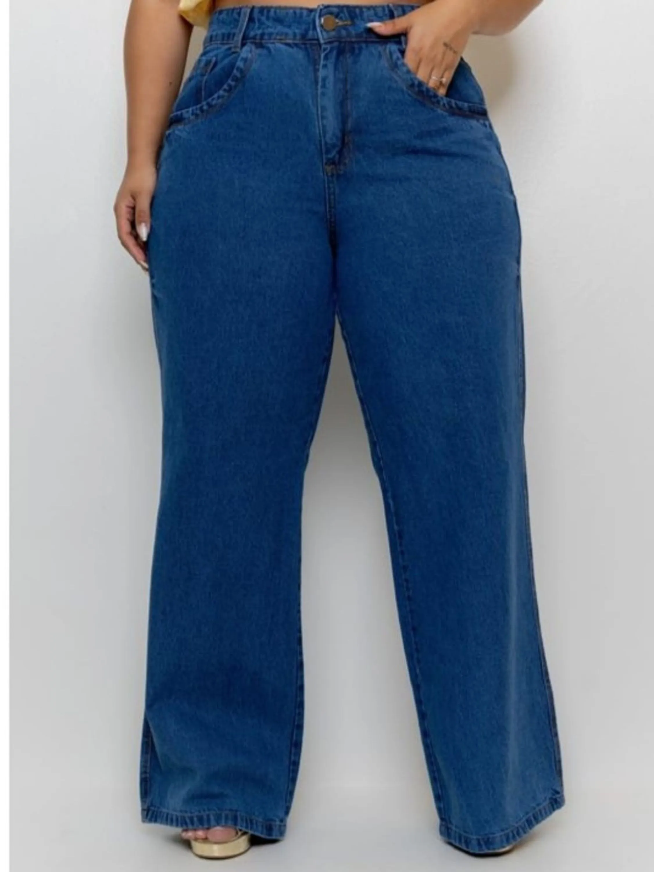 Calça jeans wide leg plus size feminina