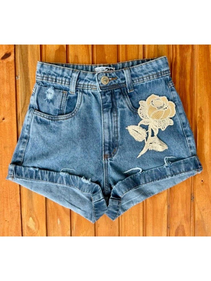 Short jeans com croche feminina