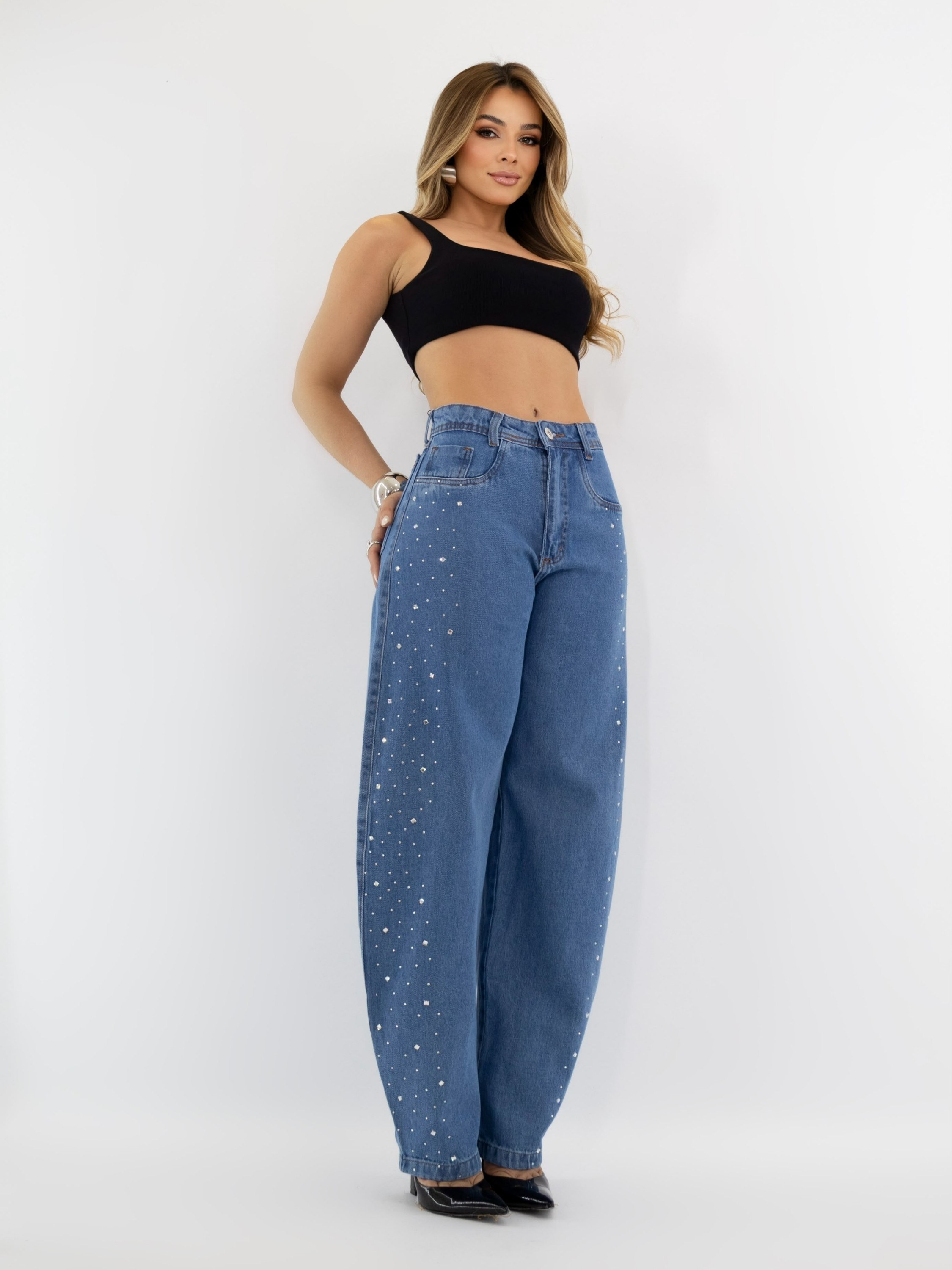 Calça jeans Ballon com pedra feminina