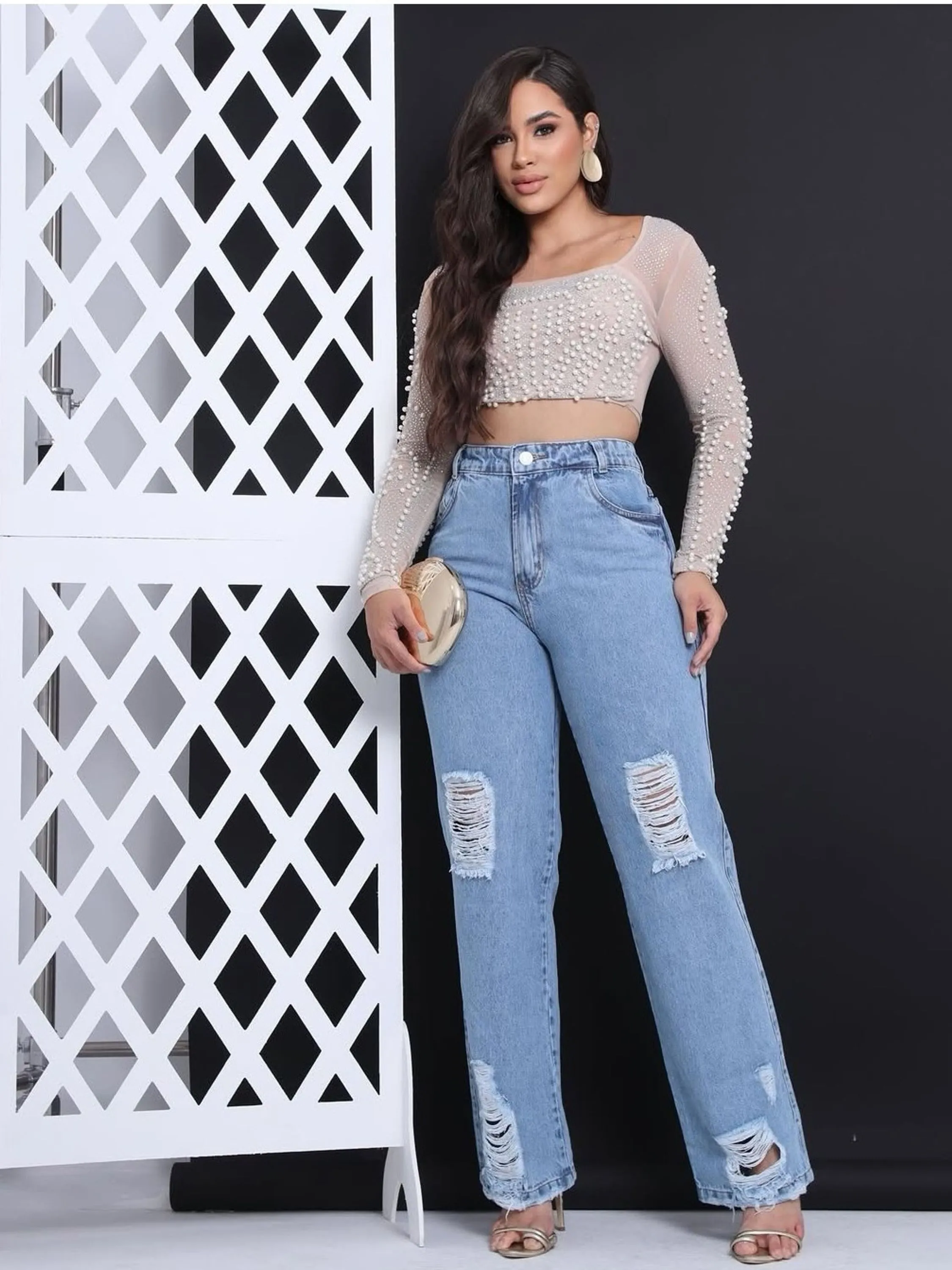 Calça jeans wide leg feminina
