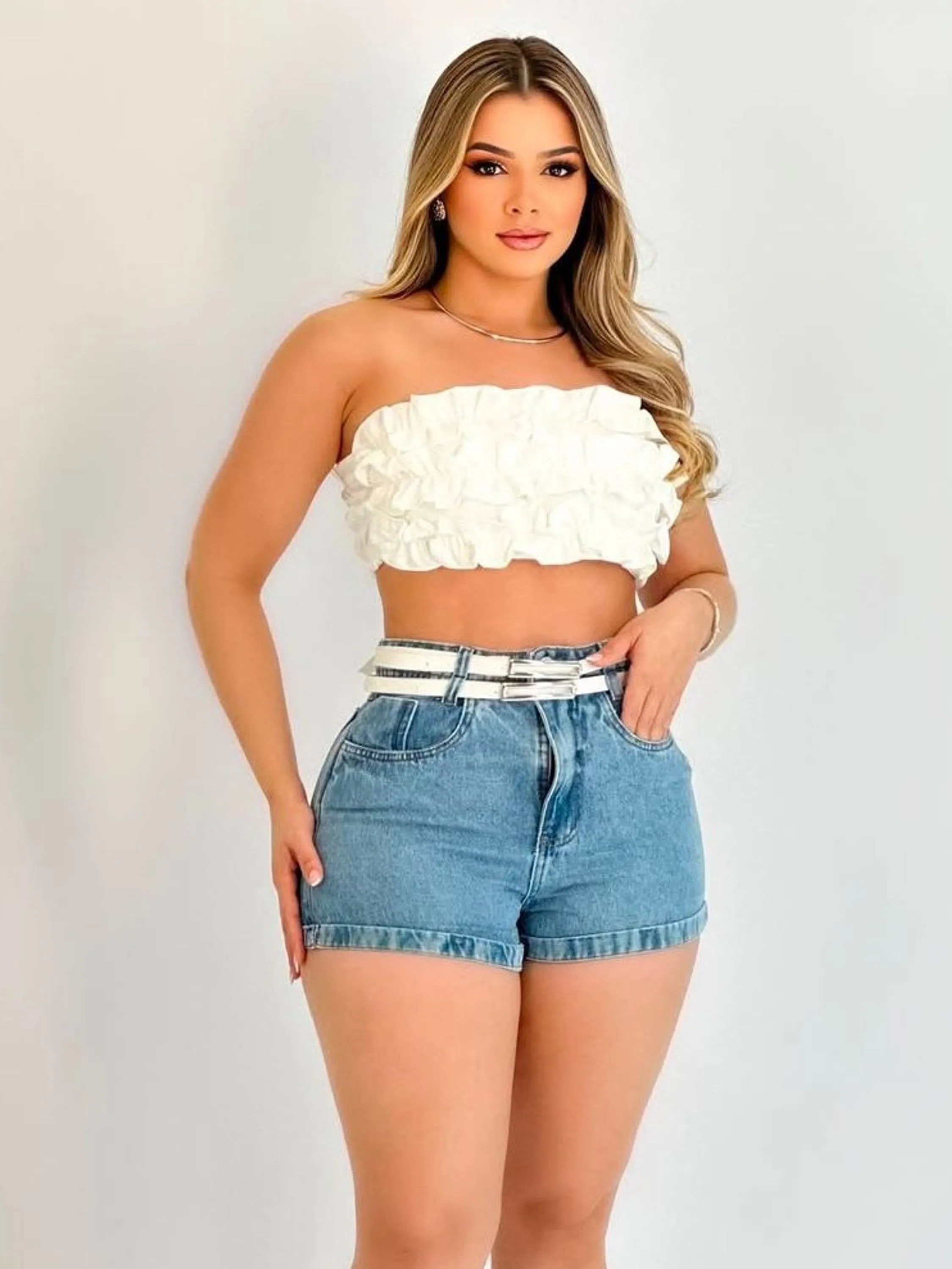 Shorts jeans com cinto feminina