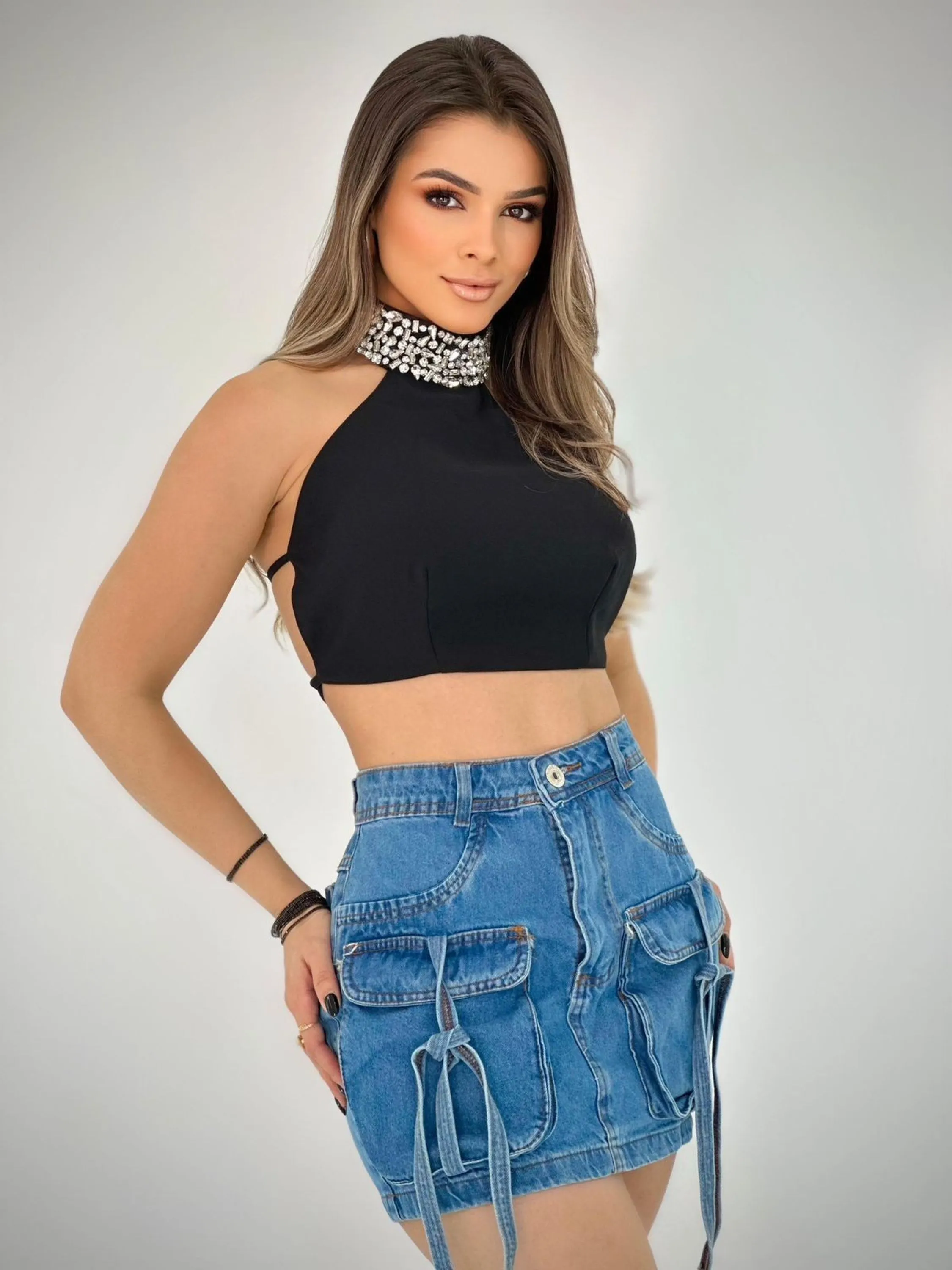 Saia cargo jeans feminina