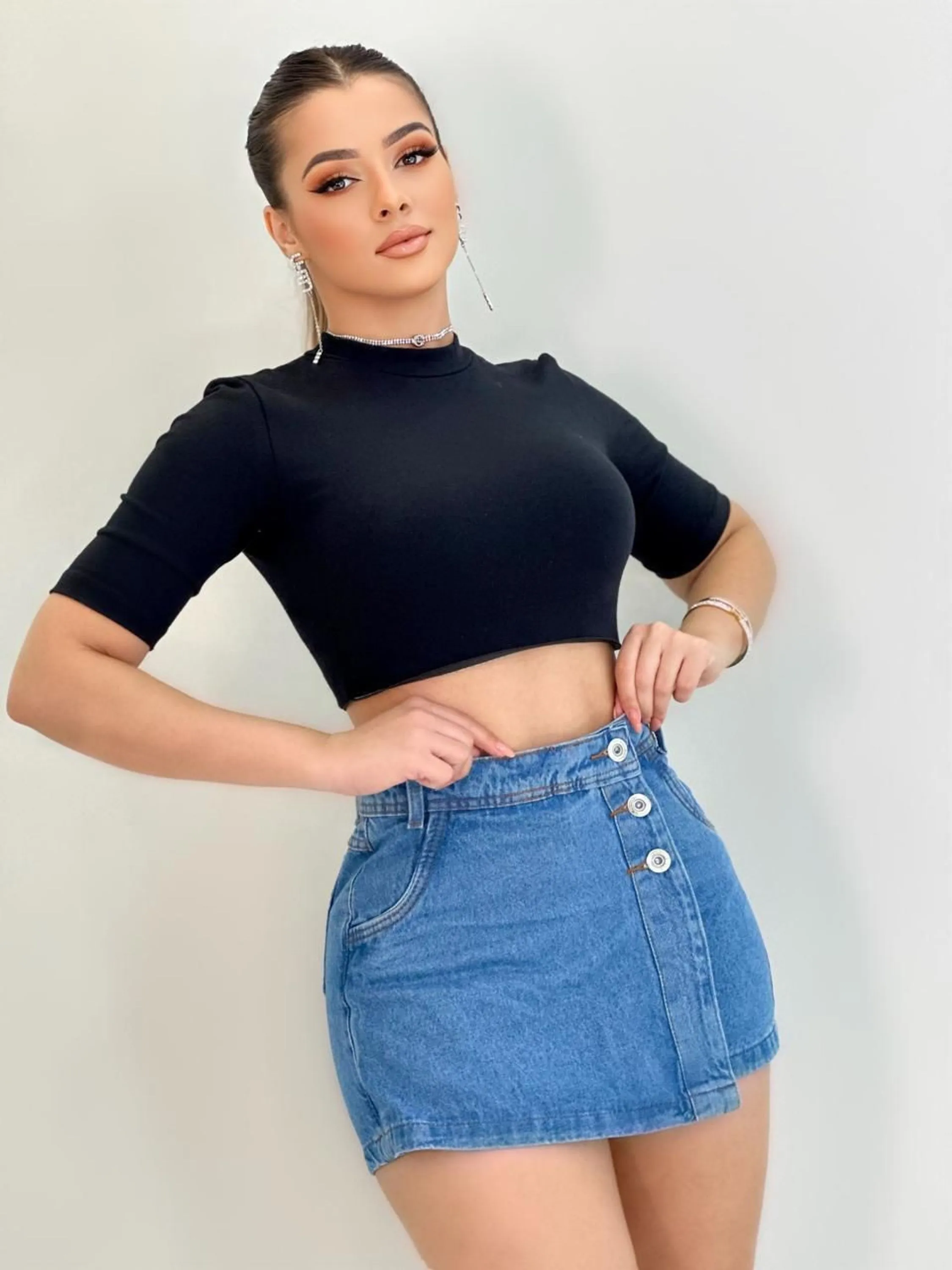 Short saia jeans feminina