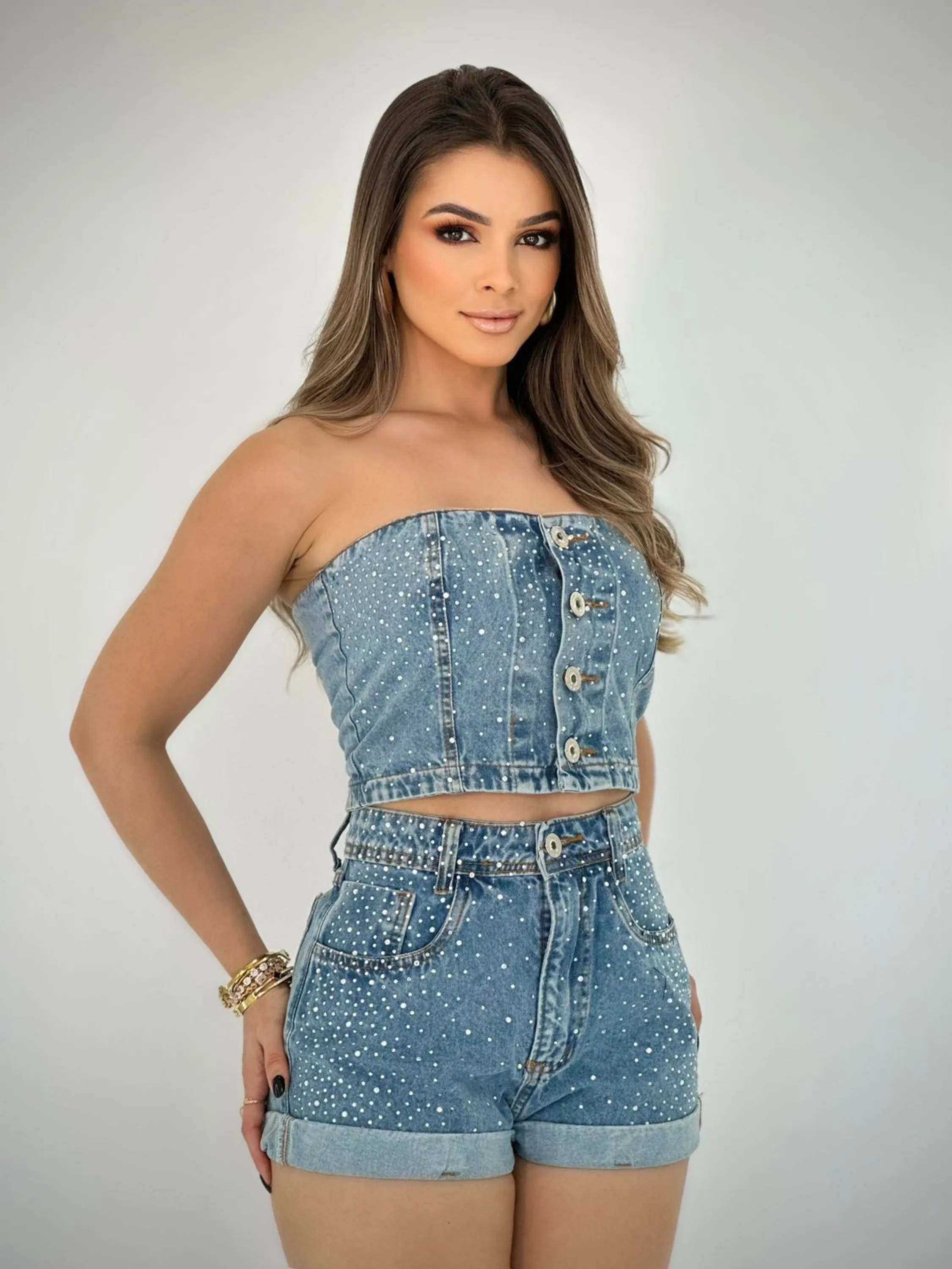 Conjunto jeans com pedra feminina