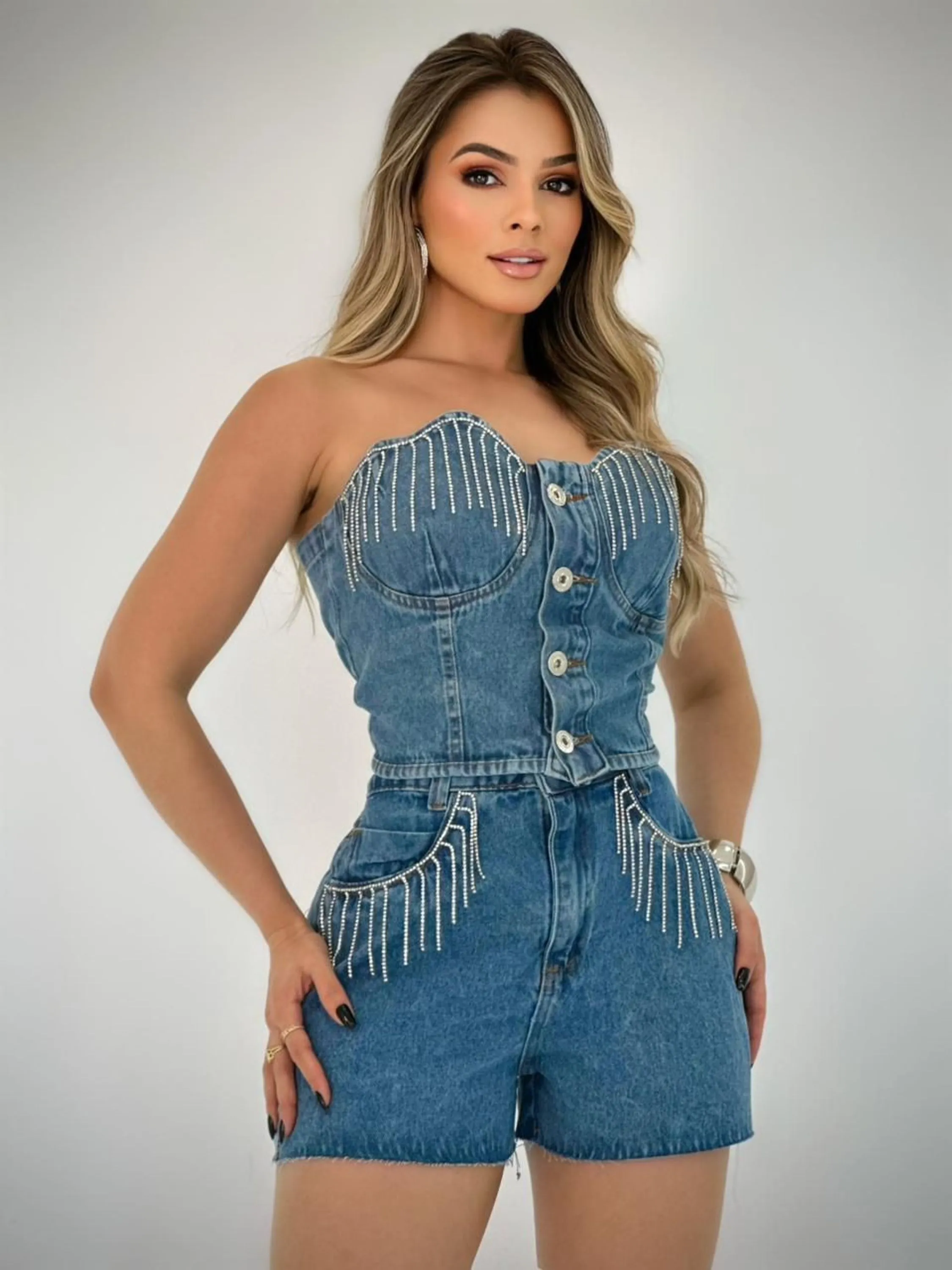 Conjunto jeans com brilho feminina
