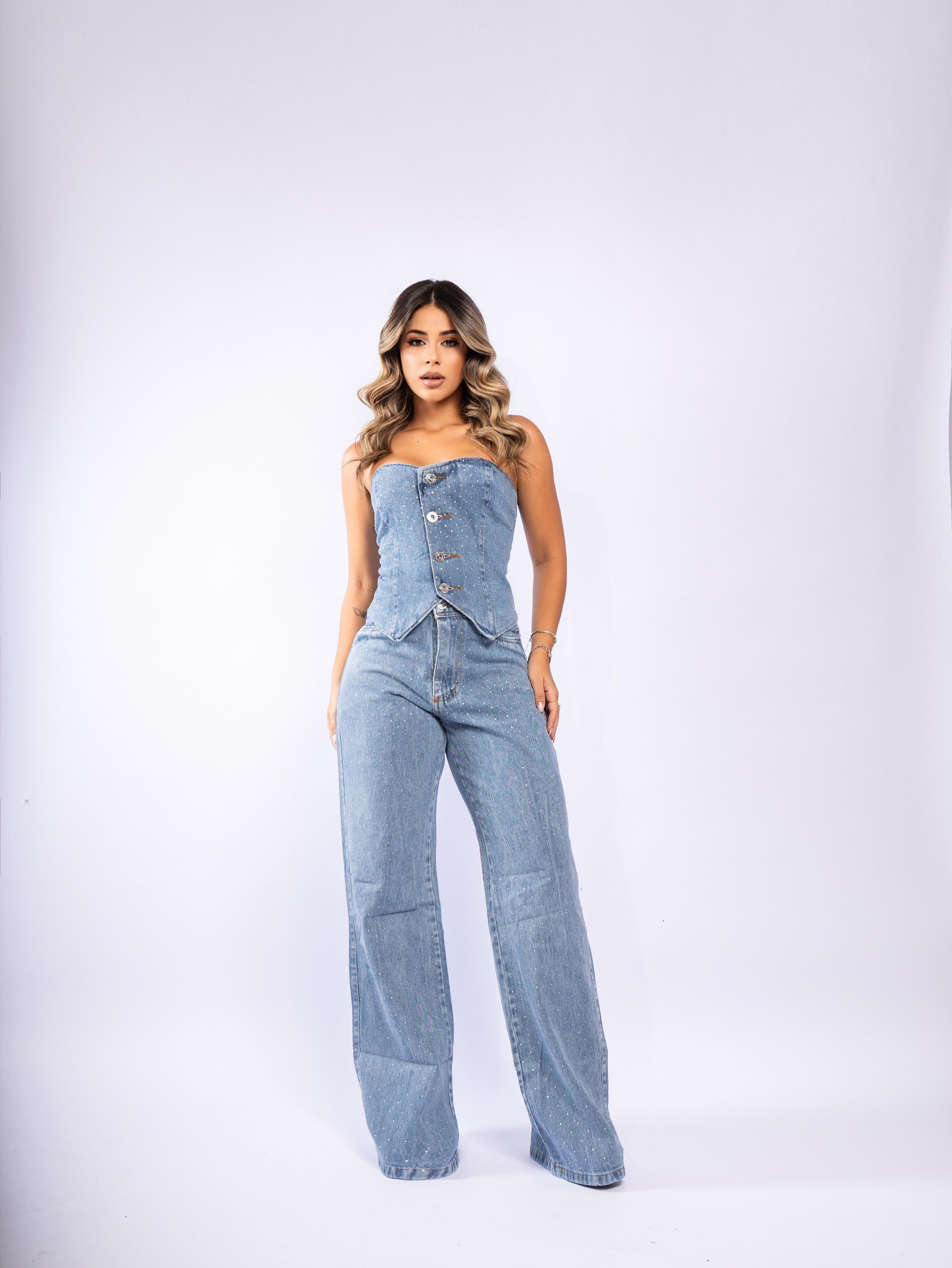 Conjunto jeans com pedra feminina