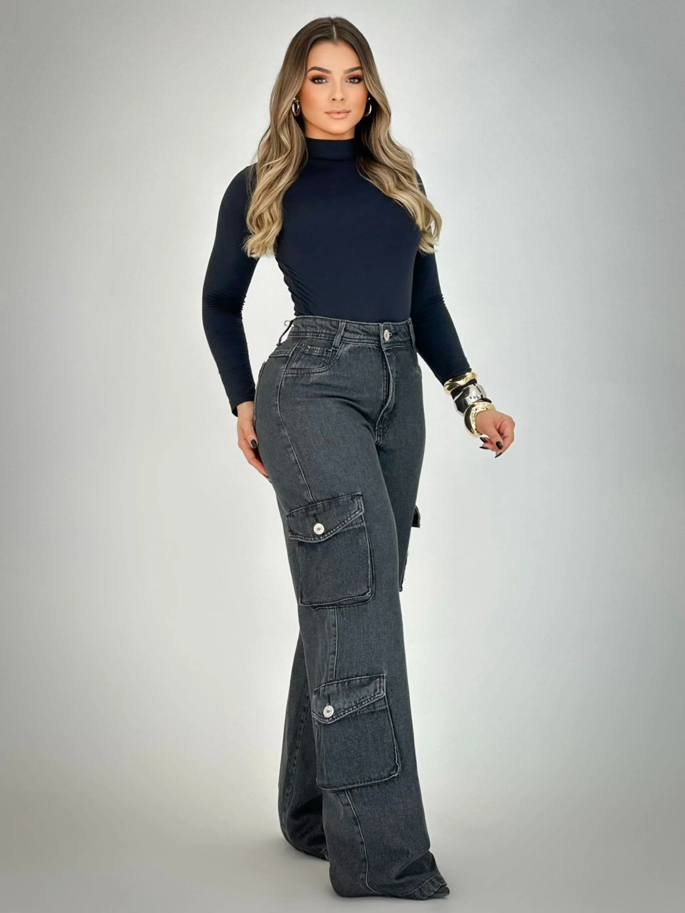 Calça jeans wide leg cargo grafite feminina