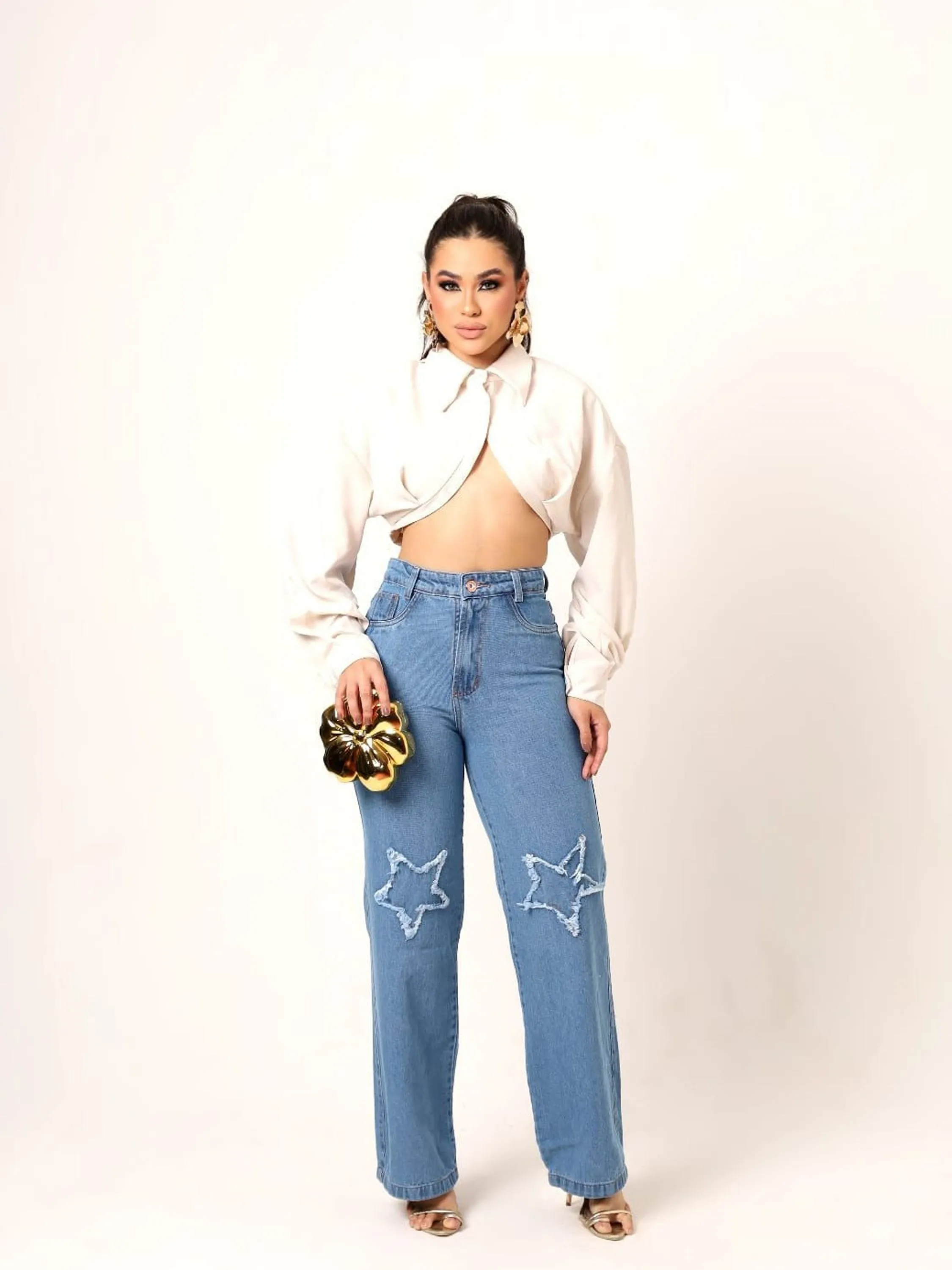 Calça jeans wide leg feminina