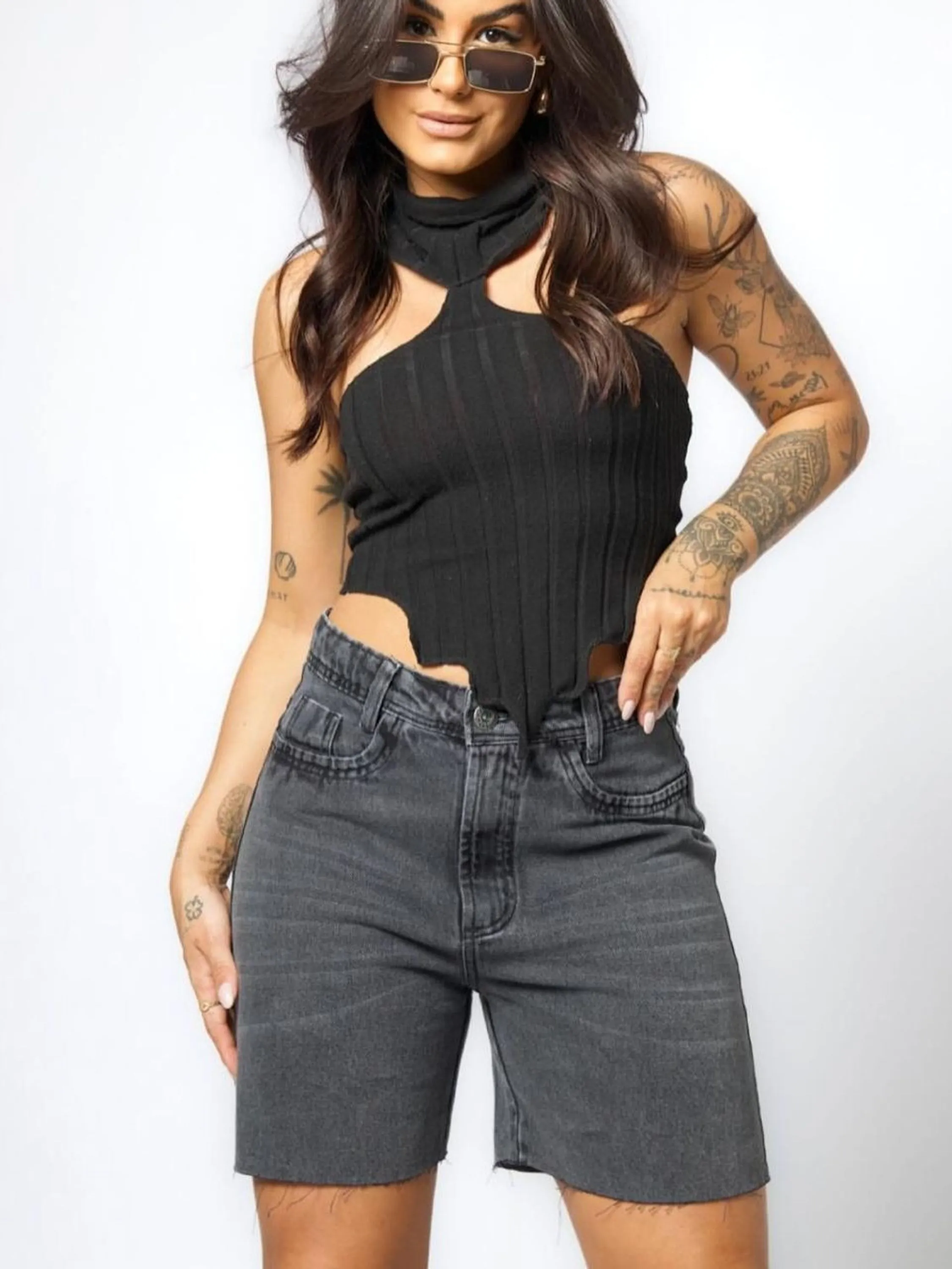 Bermuda jeans grafite feminina