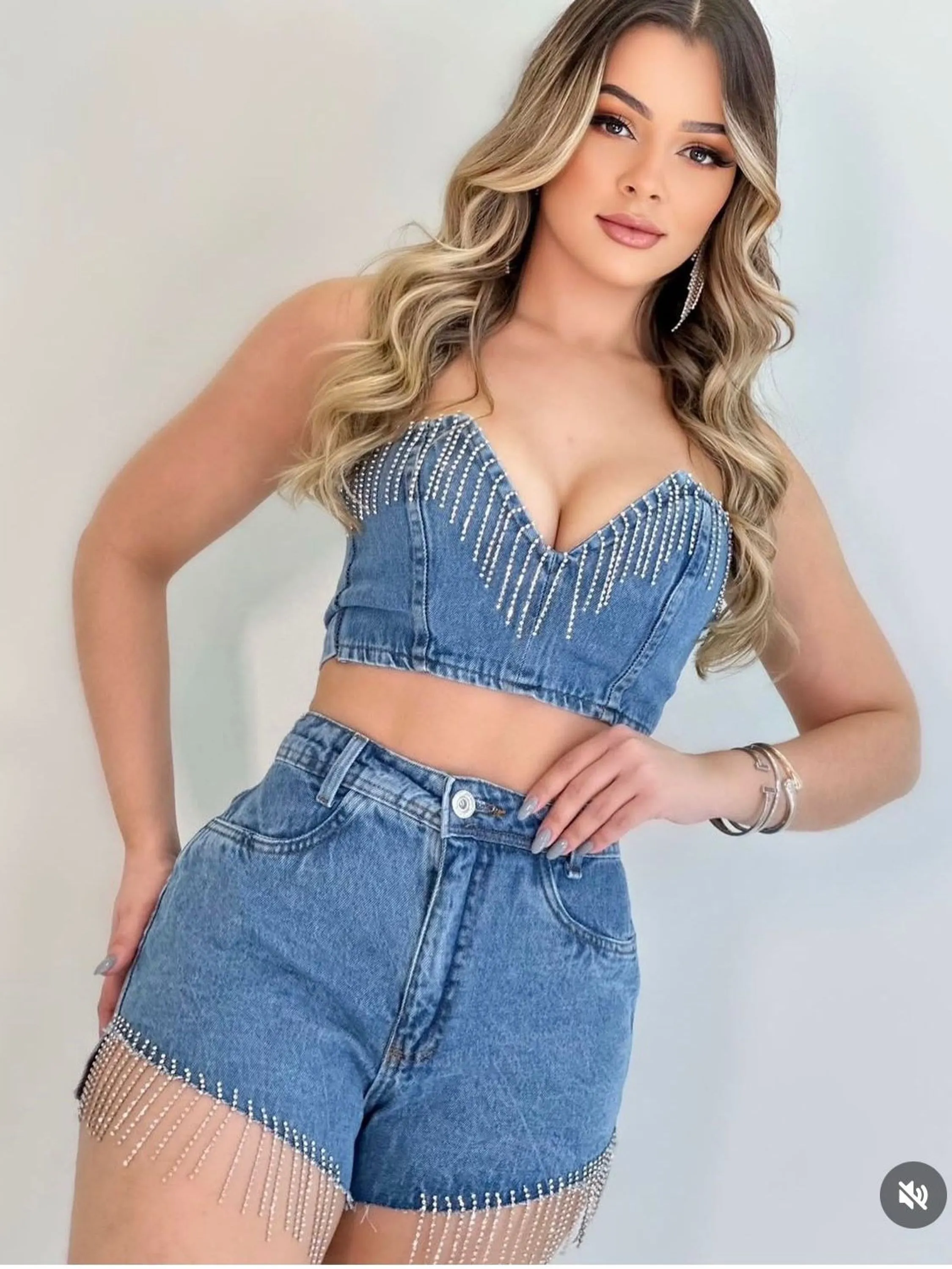 Conjunto jeans com brilho feminina